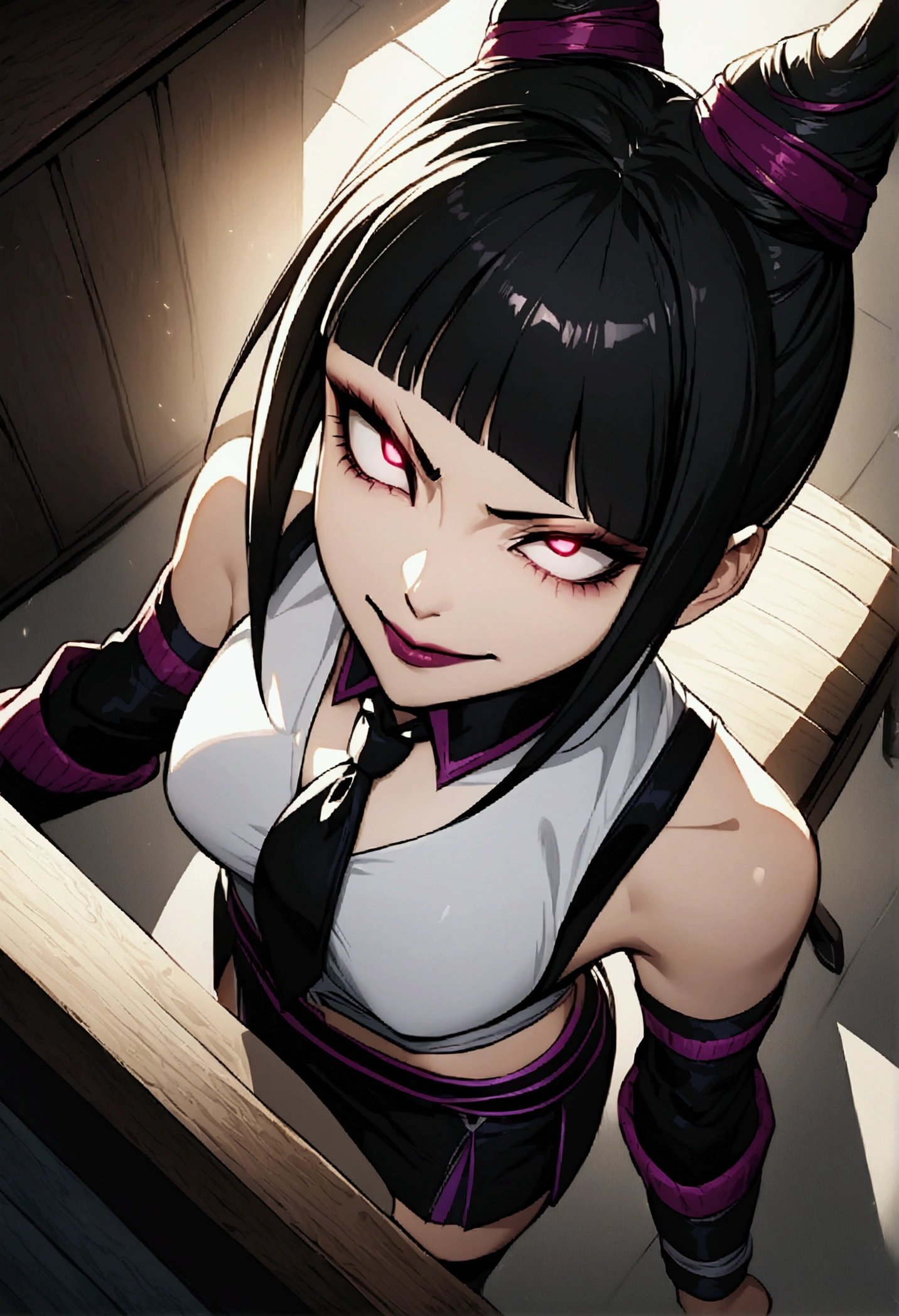 Juri Han, Artwork, fitted white secretary shirt with black tie, black mini skirt, skirt short,sock, Bblack hair, blackstockings,Evil smile,desk,bangs on the eyes,Lighting,horn of hair,from above view,staring overhead