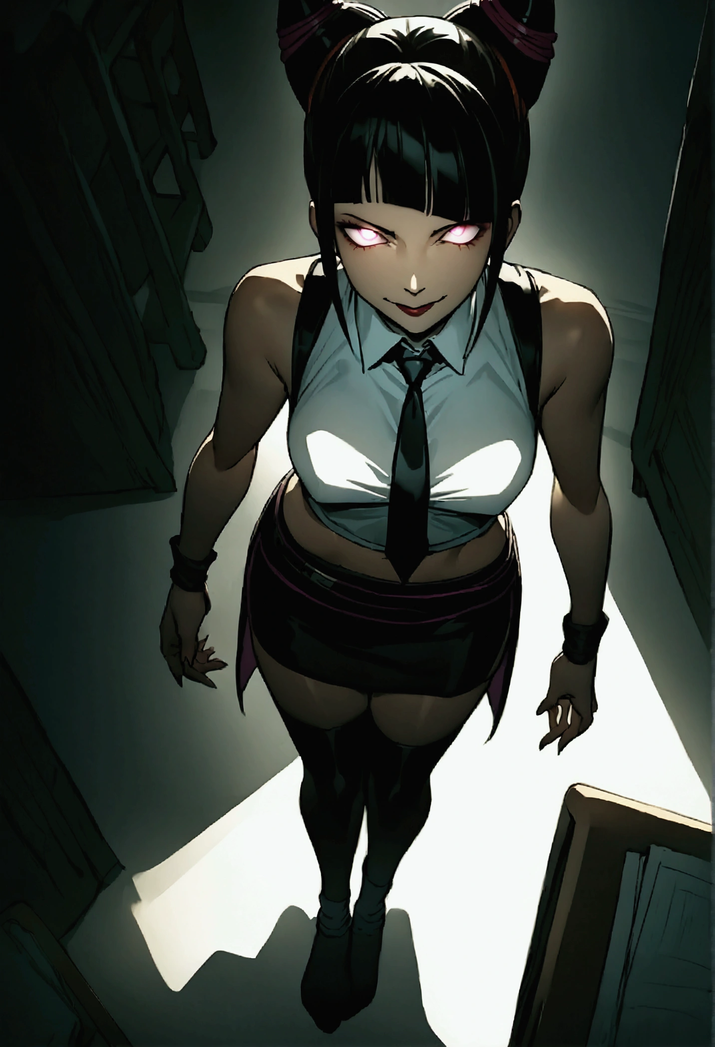 Juri Han, Artwork, fitted white secretary shirt with black tie, black mini skirt, skirt short,sock, Bblack hair, blackstockings,Evil smile,desk,bangs on the eyes,Lighting,horn of hair,from above view,staring overhead