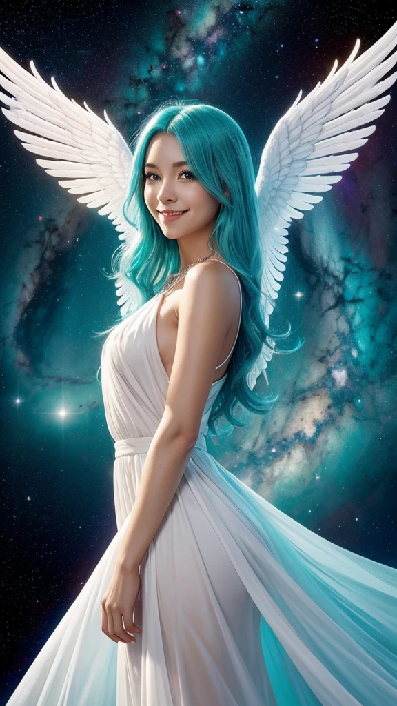 woman, Turquoise Hair, Red eyes, smile, Angel Wings, Golden halo, White Dress, Stand upright, In space, The Milky Way in the background, Distant Star, Upper Body
