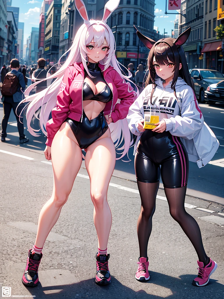 a beautiful bunny girl, modern world, Fluffy , highly detailed clothing, narrow pupils, full body shot, sexy, Bunny Ears , woman, great shapes, dynamic art, Rabbit Tail Girl, Modern Clothes, City, Bright Colors, Street style, sexy,  woman, Woman hare, street clothes, Sportswear, sexy, bright colors, rabbit 