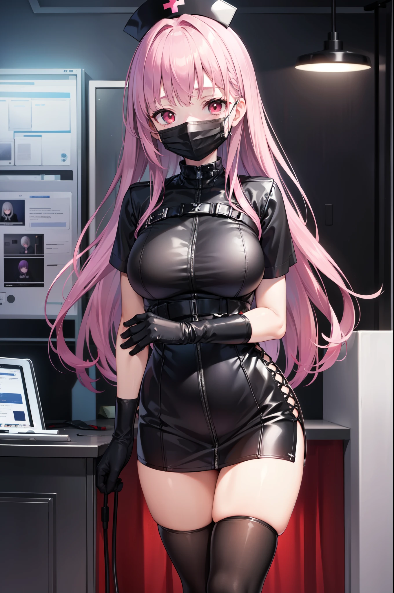 black nurse, 1woman, solo, black nurse cap, black nurse uniform, ((black legwear, zettai ryouiki)), black elbow gloves, long hair, purple hair, red eyes, ((black surgical mask, covered nose)), standing, ((surgery room)), sharp outline, short sleeves, mature female, 35 years old, best quality, masterpiece