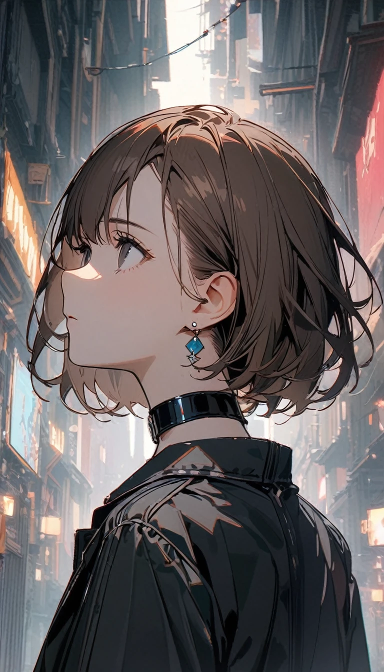 best quality, beautiful, 8K, expressionless, looking back, looking up, 後ろで結んでいる, brown hair, black eyes, slim, jacket, earrings, choker, boyish, concept