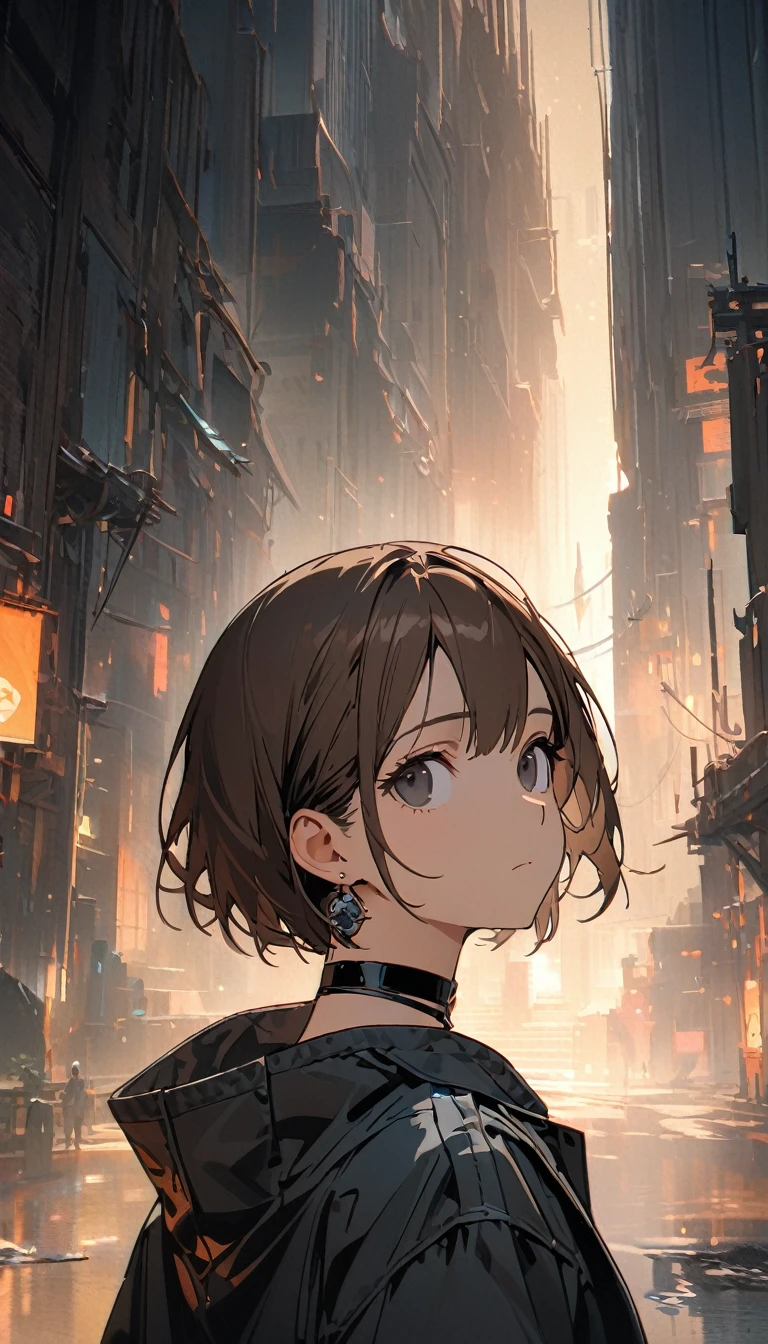 best quality, beautiful, 8K, expressionless, looking back, looking up, 後ろで結んでいる, brown hair, black eyes, slim, jacket, earrings, choker, boyish, concept