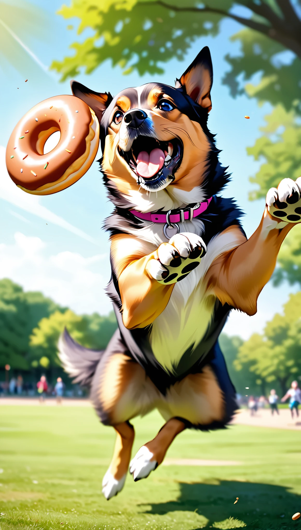 a dog jumping to catch a single flying donut, about to take a big bite, extremely detailed, beautiful park background, dynamic action, dramatic motion blur, photorealistic, 8k, highly detailed, vivid colors, professional photography