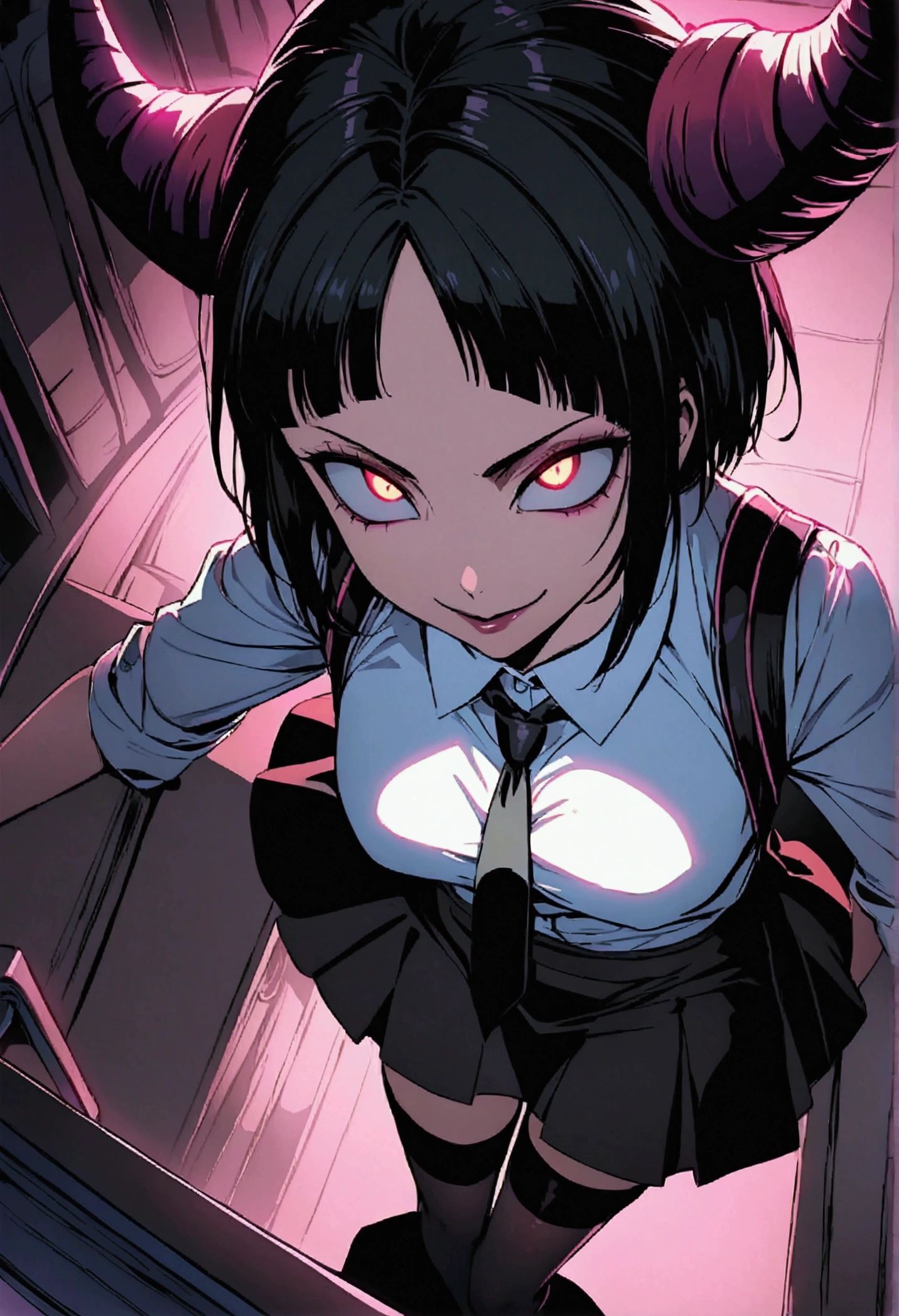 Juri Han, Artwork, fitted white secretary shirt with black tie, black mini skirt, skirt short,sock, Bblack hair, blackstockings,Evil smile,desk,bangs on the eyes,Lighting,horn of hair,from above view,staring overhead
