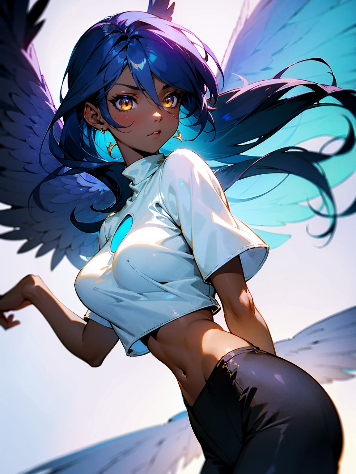 1female, fairy wings, azure hair, dark skin, angel wings, white crop top sweater, , black sweatpants, gold eyes, confident