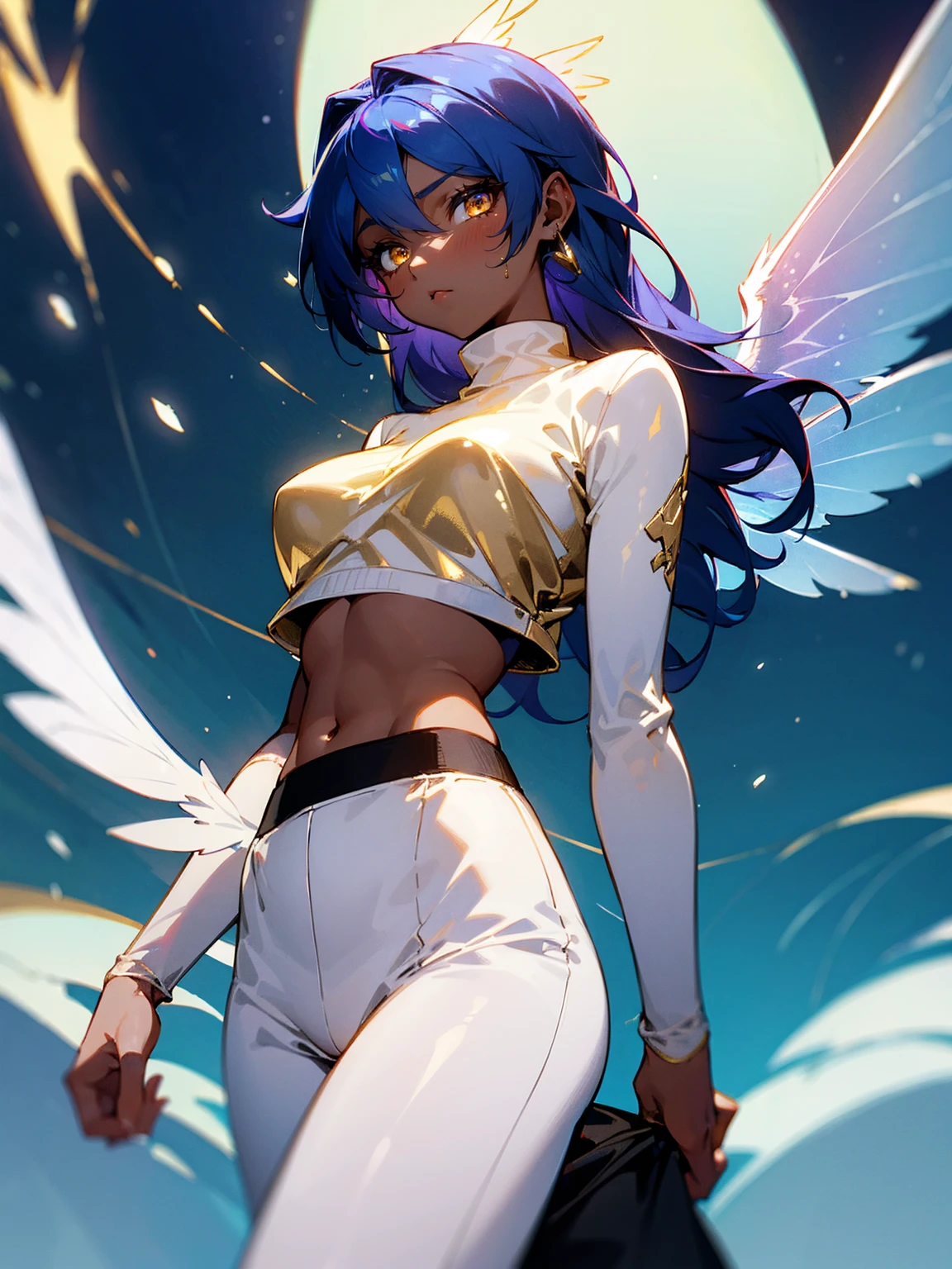 1female, fairy wings, azure hair, dark skin, angel wings, white crop top sweater, busty, black sweatpants, gold eyes, confident