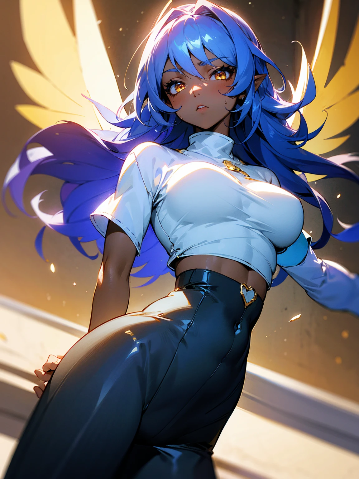 1female, fairy wings, azure hair, dark skin, angel wings, white crop top sweater, busty, black sweatpants, gold eyes, confident