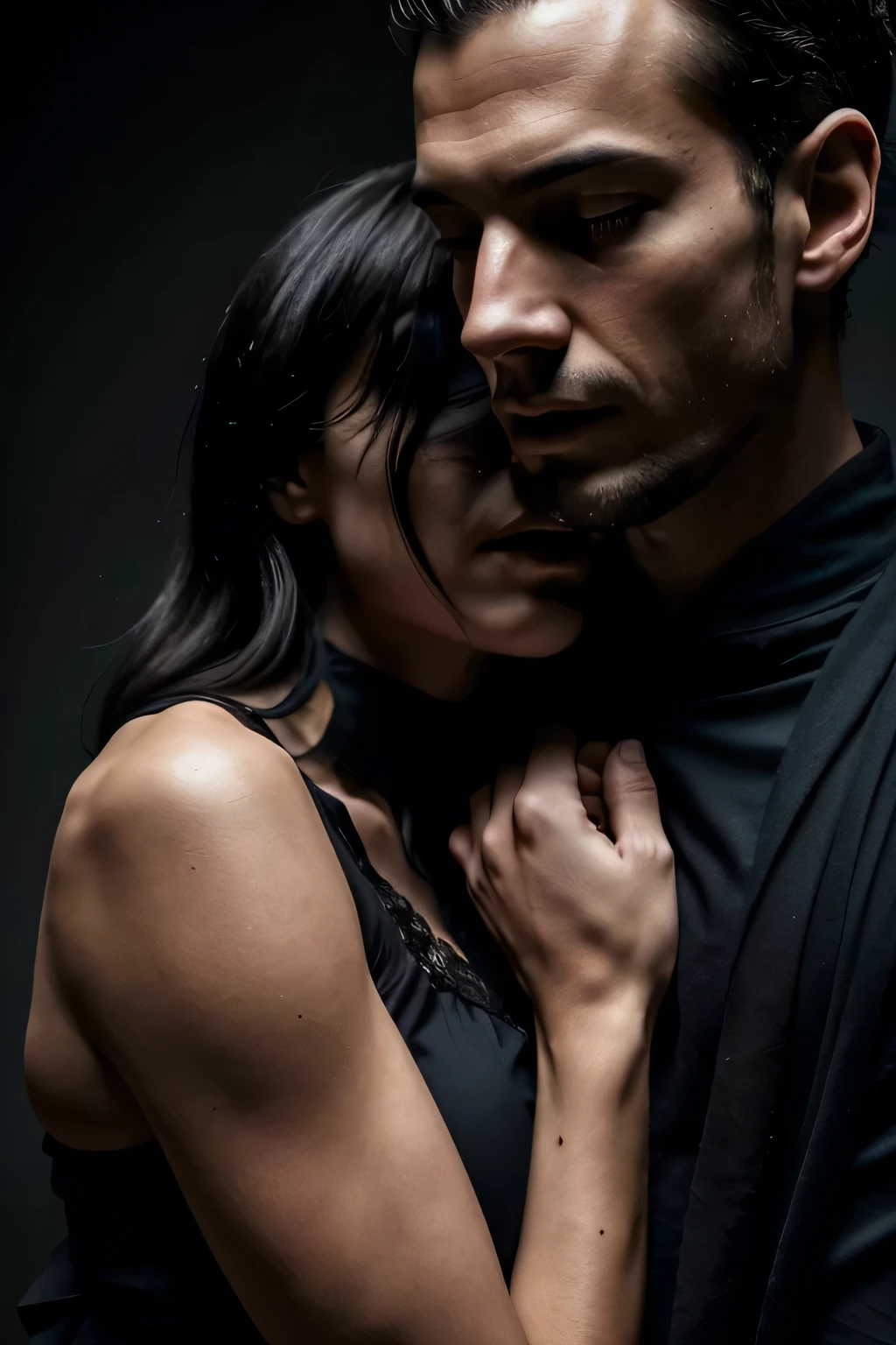 Man affectionately biting woman's neck in an intimate moment, wearing dark clothes. 4K resolution captures every detail, from the texture of the dress's fabric to the delicate play of shadows and light on the skin. vivid, emotionally charged moment."