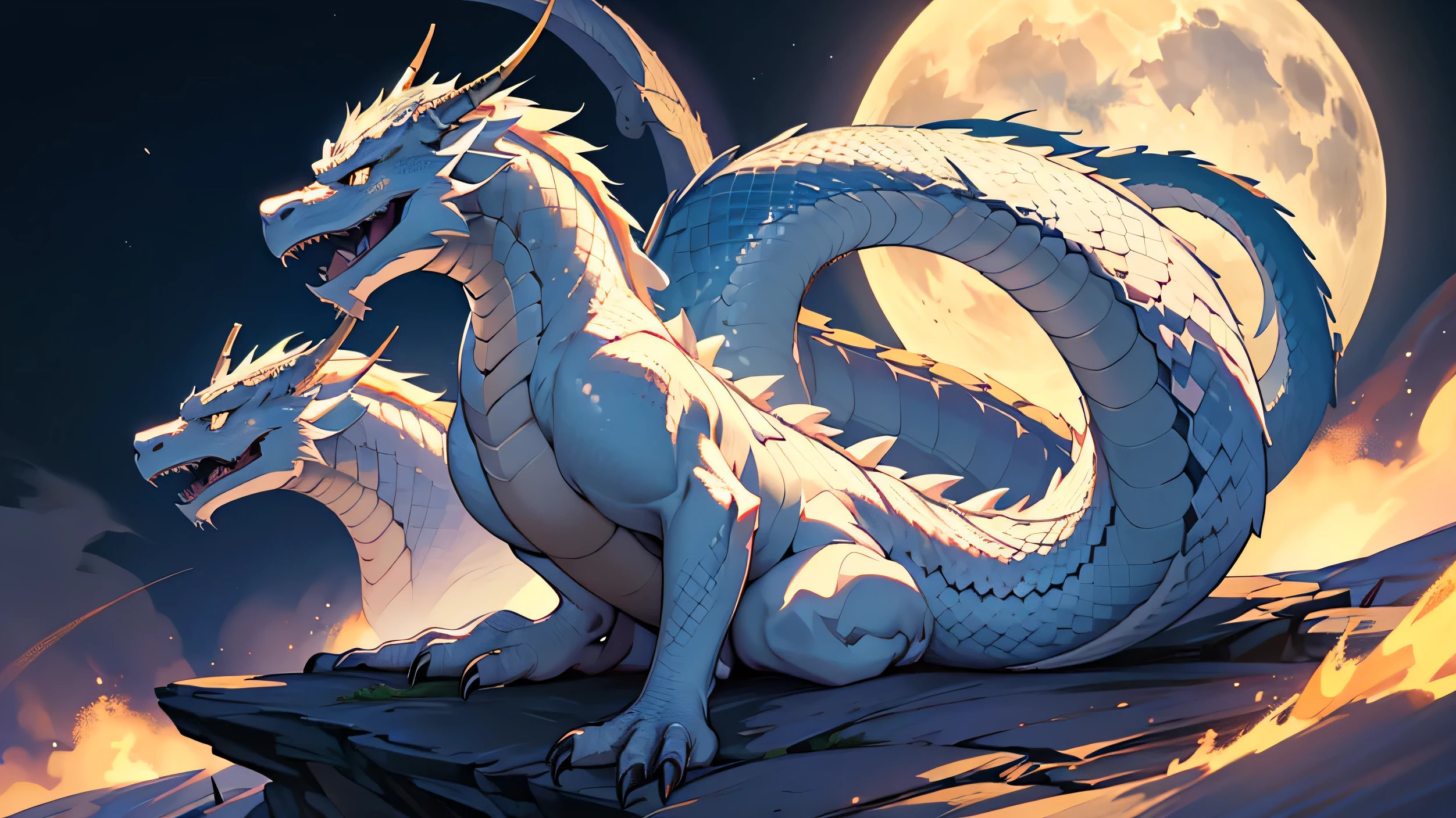 (best quality,4K,8 thousand,high resolution,masterpiece:1.2), oriental dragon, asian dragon, snake-like body, white dragon, enlargement, Moonlit night, face facing forward