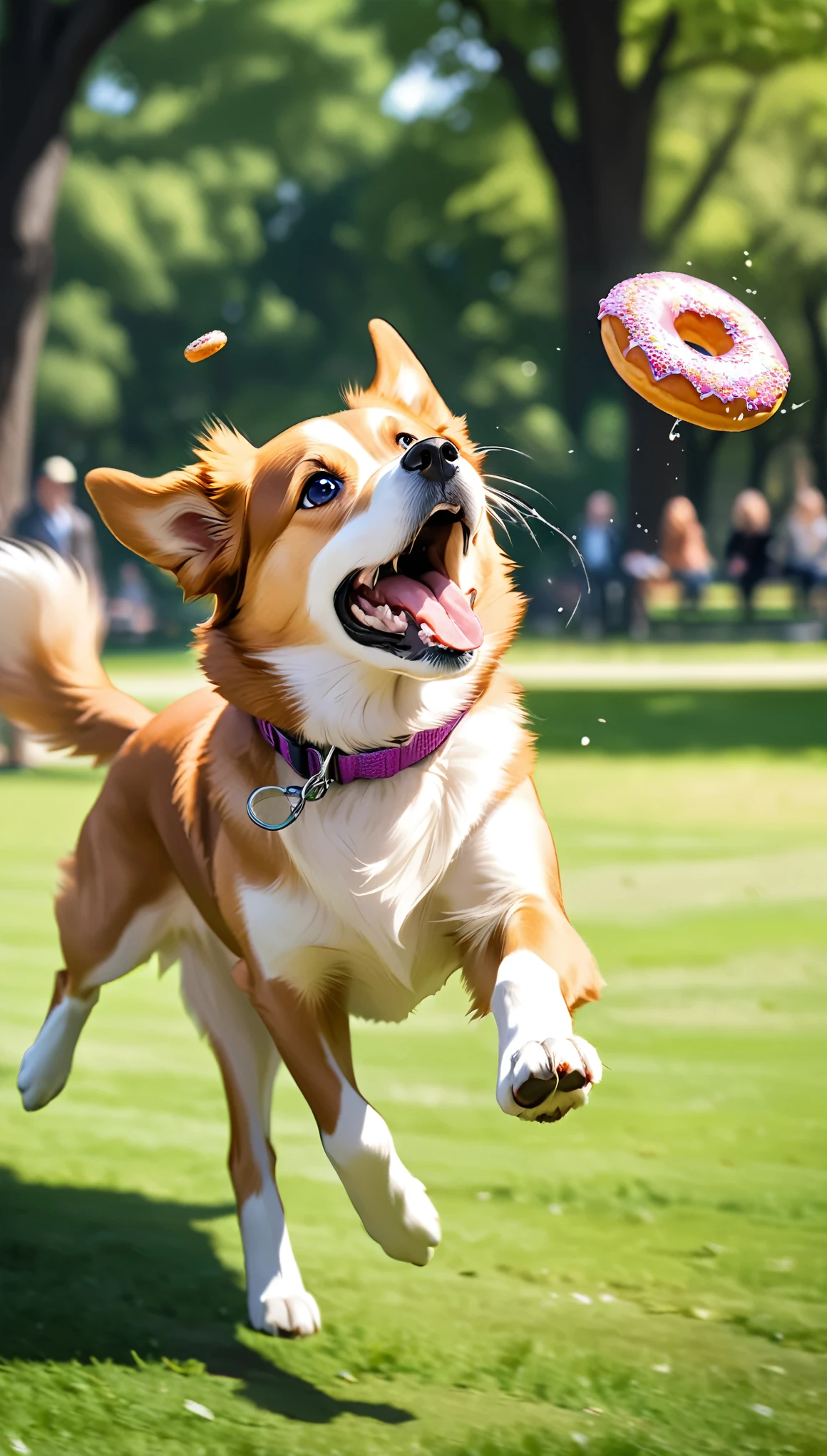 a dog jumping to catch a single flying donut, about to take a big bite, extremely detailed, beautiful park background, dynamic action, dramatic motion blur, photorealistic, 8k, highly detailed, vivid colors, professional photography