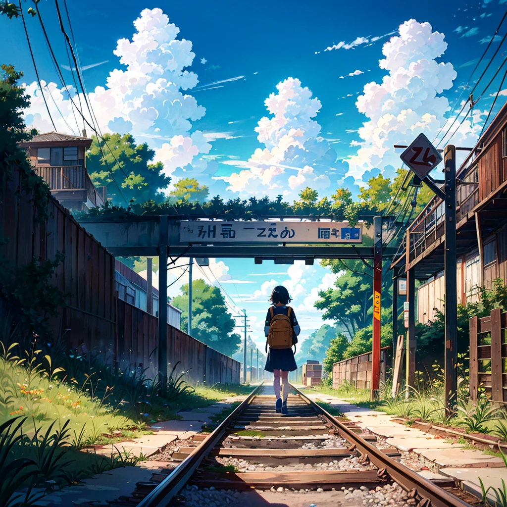--ar 16:9 --Rainbow 5, alone girl, , carrying a rucksack, young, small, summer clothes, smile, summer sky, cumulonimbus clouds, abandoned train tracks, exploration, dilapidated station, dilapidated Some people walk along the transformed signs, looking at the camera, taking full body shots,