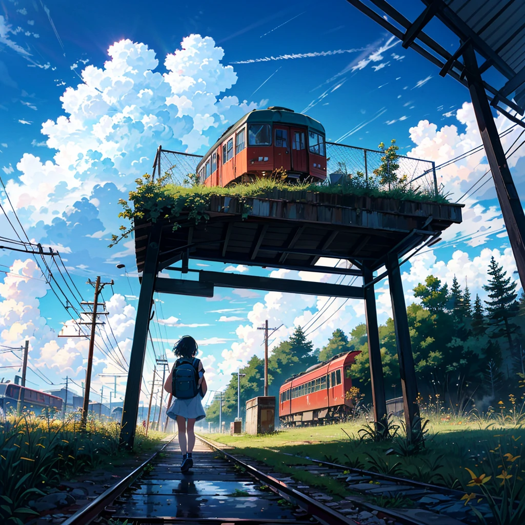 --ar 16:9 --Rainbow 5, alone girl, , carrying a rucksack, young, small, summer clothes, smile, summer sky, cumulonimbus clouds, abandoned train tracks, exploration, dilapidated station, dilapidated Some people walk along the transformed signs, looking at the camera, taking full body shots,