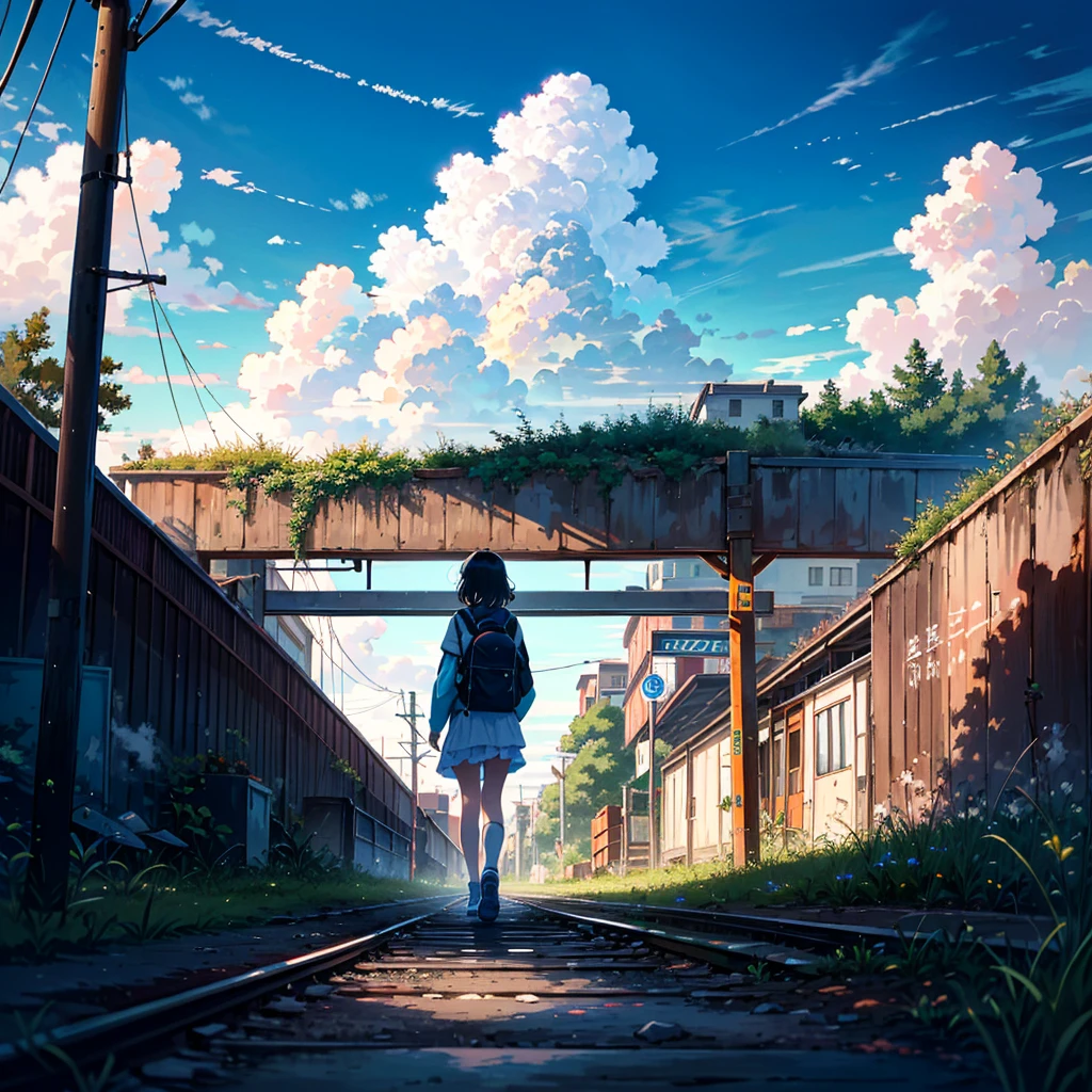 --ar 16:9 --Rainbow 5, alone girl, , carrying a rucksack, young, small, summer clothes, smile, summer sky, cumulonimbus clouds, abandoned train tracks, exploration, dilapidated station, dilapidated Some people walk along the transformed signs, looking at the camera, taking full body shots,
