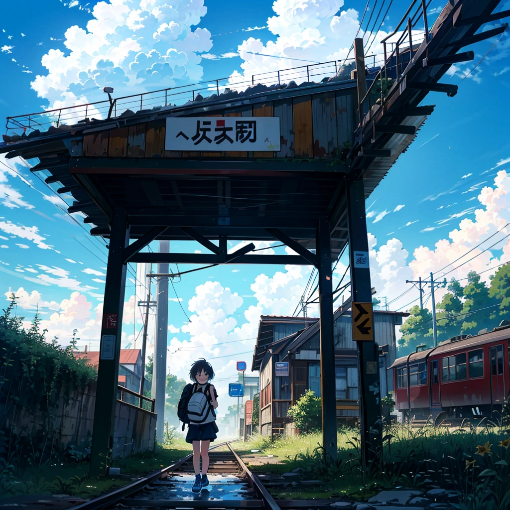 --ar 16:9 --Rainbow 5, alone girl, , carrying a rucksack, young, small, summer clothes, smile, summer sky, cumulonimbus clouds, abandoned train tracks, exploration, dilapidated station, dilapidated Some people walk along the transformed signs, looking at the camera, taking full body shots,