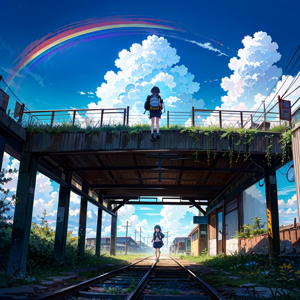 --ar 16:9 --Rainbow 5, alone girl, , carrying a rucksack, young, small, summer clothes, smile, summer sky, cumulonimbus clouds, abandoned train tracks, exploration, dilapidated station, dilapidated Some people walk along the transformed signs, looking at the camera, taking full body shots,
