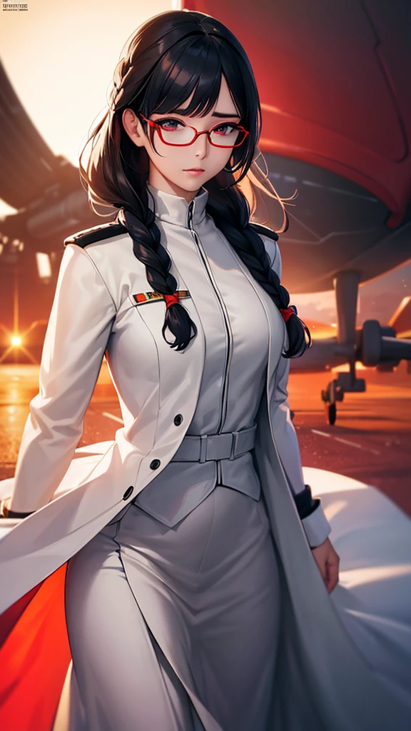 (Highest resolution),((Maximum eye detail))(Beautiful picture),(Maximum face detail)),Sci-fi movie poster,(สไตล์ภาพscience fiction),(best quality),(Masterpiece),(Maximum face detail),((semi-realistic)), Maximum face resolution,adult,East Asian woman, figure,black hair,(Bangs),(double braid hairstyle),green eyes,((red glasses)),(high military uniform),Long skirt, white coat,future,science fiction,Standing on an aircraft carrier