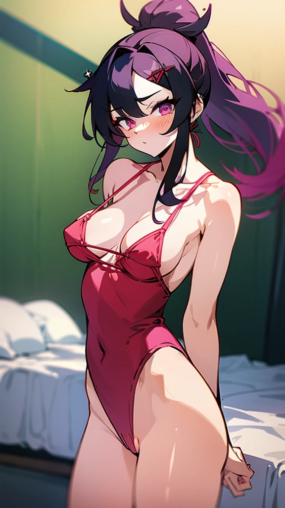 High tail hairstyle, Ponytail hairstyle, Long wavy black hair, standing posing, anime girl style, pixel art anime style,penetrating look with deep eyes,red and purple eyes, hair with a ponytail hairstyle trapped with a big red bun, women, red hair clips, x color shaped hair clips , smiling face blush, next to his bed, lingerie, tank top, Black hair, big thighs, body, NSFW