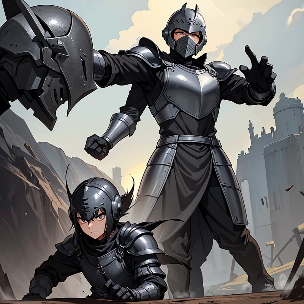 Best illustrations、Best Quality、(((Simple grey armor、Black trousers、Black gloves、Short Hair、Black Hair、20 year old man、Iron Helmet、Iron helmet)))、(((Fighting Pose)))、(Old ruins、desert。Grass)、(The Masked Knights)、(Black, muddy swamp)、(Medieval Knight)、(Close your eyes、get annoyed、Open your mouth、Get angry、Sweat)、battlefield、(From below)、Sea of mud、Black Sea、Buried in the ground