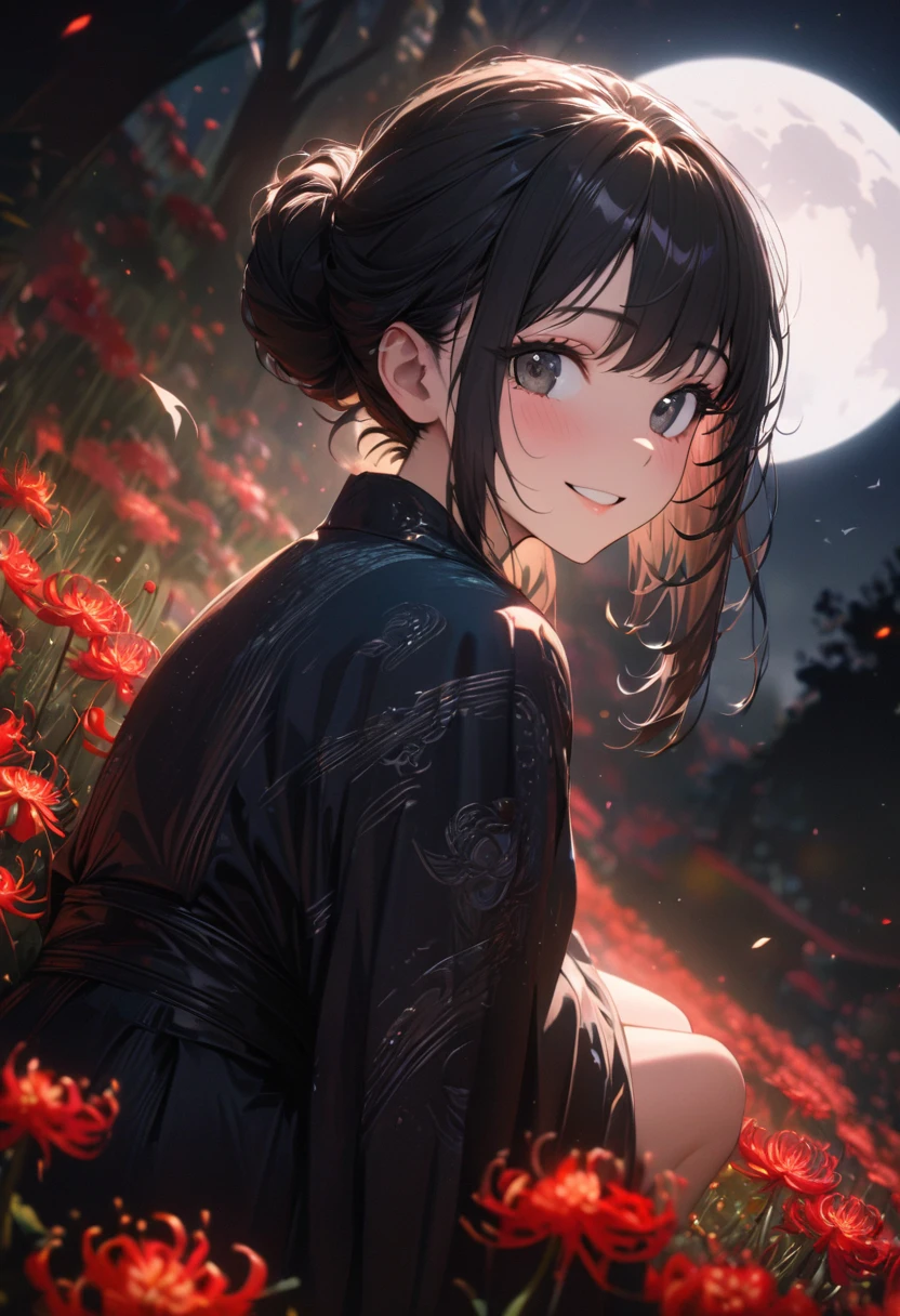 a girl, happy, smiling, squatting, looking at viewer, looking to the left, hair bun, black hair, black eyes, big eyes, navy blue kimono, In a field of Red spider lilies flower garden, with a full moon, at night, cute, beautiful, fantasy, chill atmosphere, vibrant academia, closeup shot, on left, side view, birds-eye view, best quality, masterpiece, detailed, high quality, ultra detailed, hyper detailed, insanely detailed, exquisite, beautiful, Full-HD, 16K, highres, absurdres, moonlight, directional light, soft lighting, in focus with blurred background, 