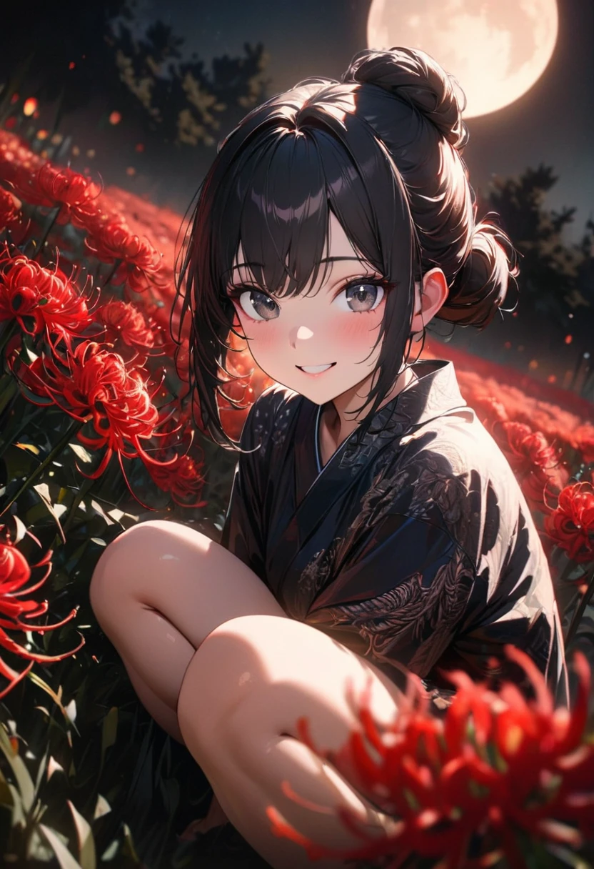 a girl, happy, smiling, squatting, looking at viewer, looking to the left, hair bun, black hair, black eyes, big eyes, navy blue kimono, In a field of Red spider lilies flower garden, with a full moon, at night, cute, beautiful, fantasy, chill atmosphere, vibrant academia, closeup shot, on left, side view, birds-eye view, best quality, masterpiece, detailed, high quality, ultra detailed, hyper detailed, insanely detailed, exquisite, beautiful, Full-HD, 16K, highres, absurdres, moonlight, directional light, soft lighting, in focus with blurred background, 