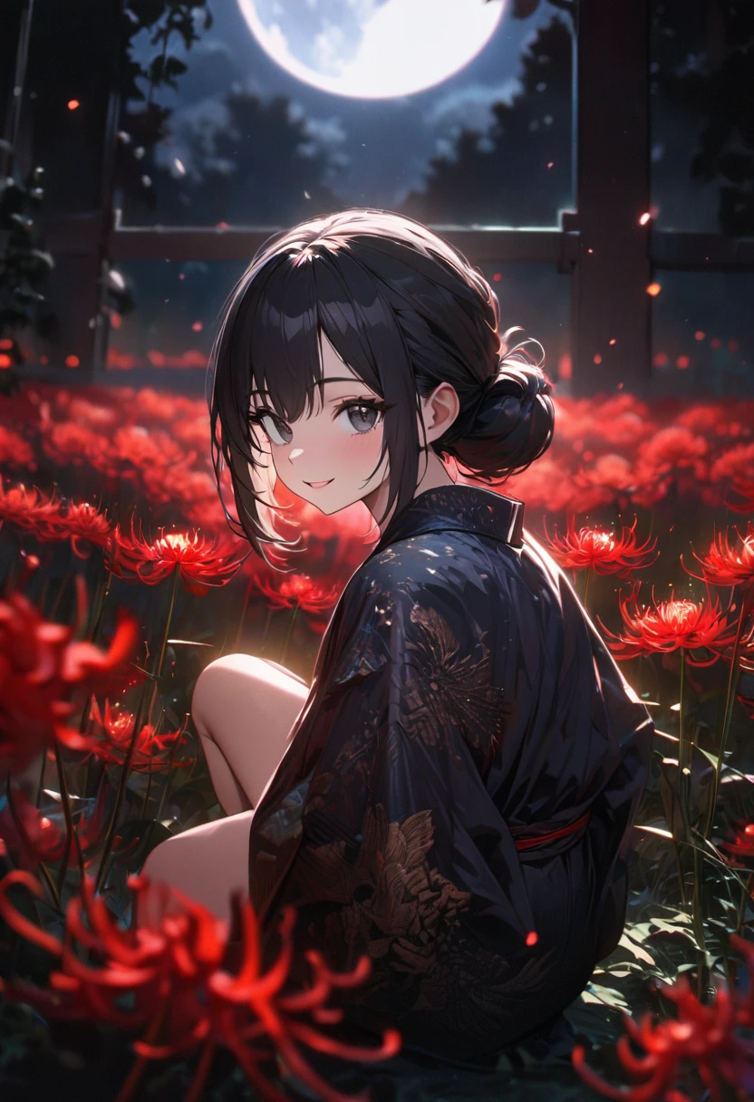 a girl, happy, smiling, squatting, looking at viewer, looking to the left, hair bun, black hair, black eyes, big eyes, navy blue kimono, In a field of Red spider lilies flower garden, with a full moon, at night, cute, beautiful, fantasy, chill atmosphere, vibrant academia, closeup shot, on left, side view, birds-eye view, best quality, masterpiece, detailed, high quality, ultra detailed, hyper detailed, insanely detailed, exquisite, beautiful, Full-HD, 16K, highres, absurdres, moonlight, directional light, soft lighting, in focus with blurred background,