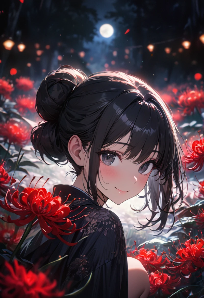 a girl, happy, smiling, squatting, looking at viewer, looking to the left, hair bun, black hair, black eyes, big eyes, navy blue kimono, In a field of Red spider lilies flower garden, with a full moon, at night, cute, beautiful, fantasy, chill atmosphere, vibrant academia, closeup shot, on left, side view, birds-eye view, best quality, masterpiece, detailed, high quality, ultra detailed, hyper detailed, insanely detailed, exquisite, beautiful, Full-HD, 16K, highres, absurdres, moonlight, directional light, soft lighting, in focus with blurred background, 