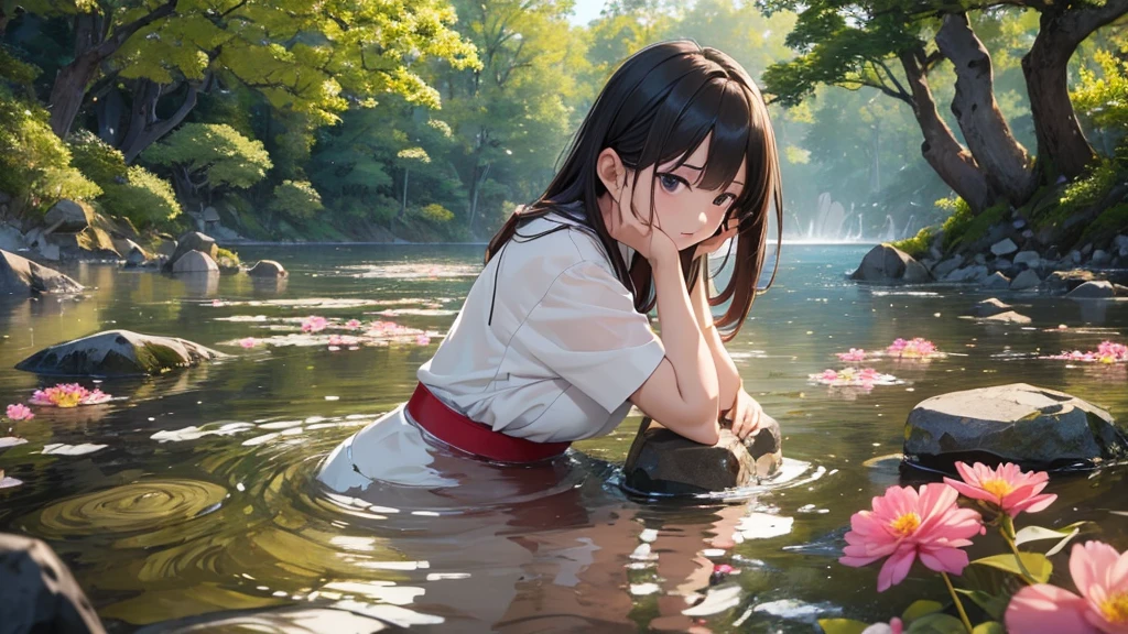 ((best quality)), ((Masterpiece)), (details),Japan,ห้องอาบHot water,อ่างไม้Japan,Hot water,ต้นซากุระขนาดเล็กอยู่ข้างอ่างไม้Japan,falling flowers
