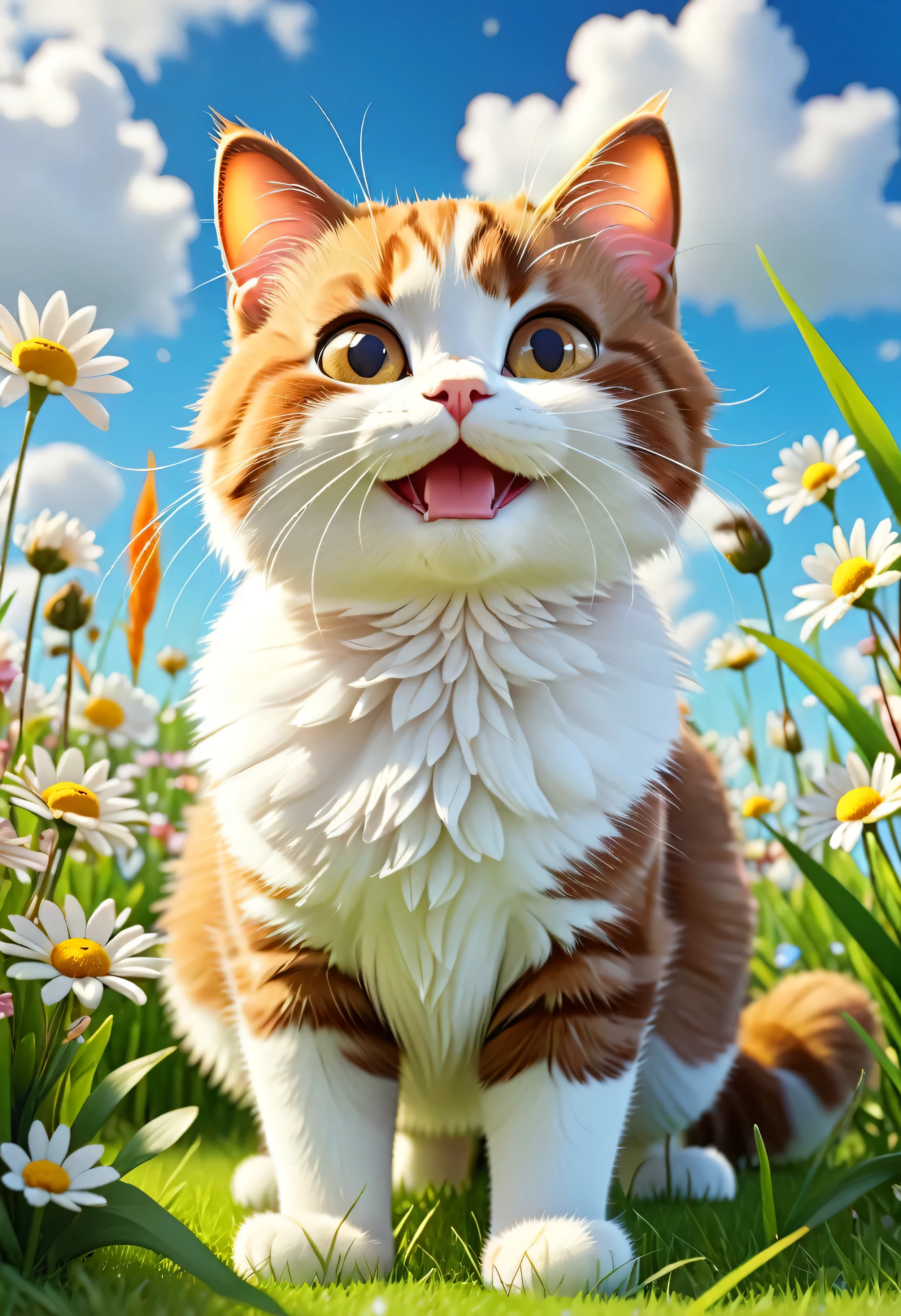 best quality, masterpiece, raw photo, 8k,uhd,cartoon,3d, TSLoP,a cute brown and white cat standing on the grass with flowers,sky,