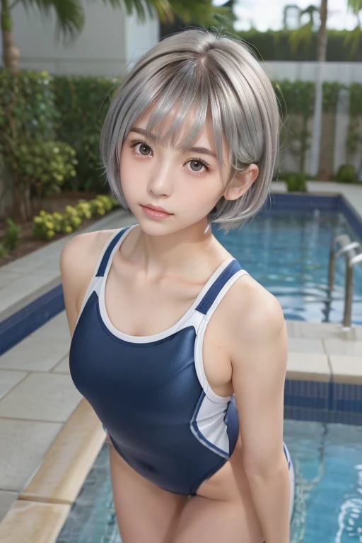 ((Silver Hair))、((Short Hair))Fox Ears、Dreamy atmosphere, High Contrast, Ultra Sharp, Studio shot、Upper body portrait、Angle from below、(Navy School Swimsuit :1.2), (Small breasts), Focus on the chest、Slim Body Enhancement、Realistic、Realistic、Highly detailed cute girl、alone、18-year-old、Japanese、Melancholic expression, Brown Hair、Medium long cut hair, Background Pool、Out of focus、Blurred、