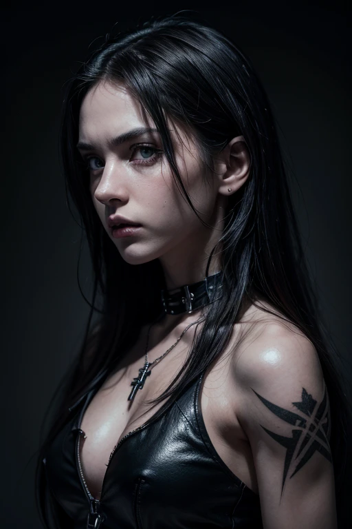 a girl wearing dark gothic punk rock outfit, long dark colored hair, pale skin, heavy dark makeup, leather clothes, wearing a cross necklace, detailed face with beautiful eyes and full lips, muscular athletic build, tattooed arms and body, moody dramatic expression, dramatic dark lighting, cinematic dramatic pose, (best quality,4k,8k,highres,masterpiece:1.2),ultra-detailed,(realistic,photorealistic,photo-realistic:1.37),dark moody colors,chiaroscuro lighting,dramatic film noir style