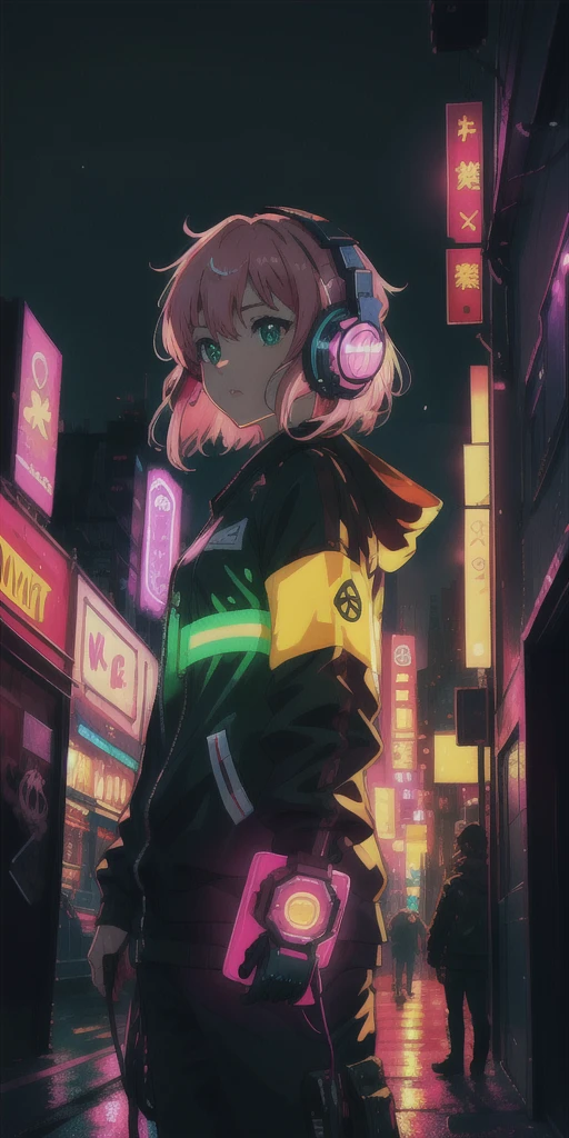 {masterpiece}, {Highest quality}, {{oil}} , {{wallpaper 8k CG}}, {Realistic}, Concept Art, {{cyber punk}}, green、red、orange、Change pink hard light, Complex Light, In the city at night with neon lights and buildings in the background、Portrait of a robot girl with pink hair and headphones, In the sci-fi city at night, White and complex clothes, Dynamic Hair, haircut, Dynamic Ambiguity, beautifully、aesthetic, Complex Light, Manga and anime,