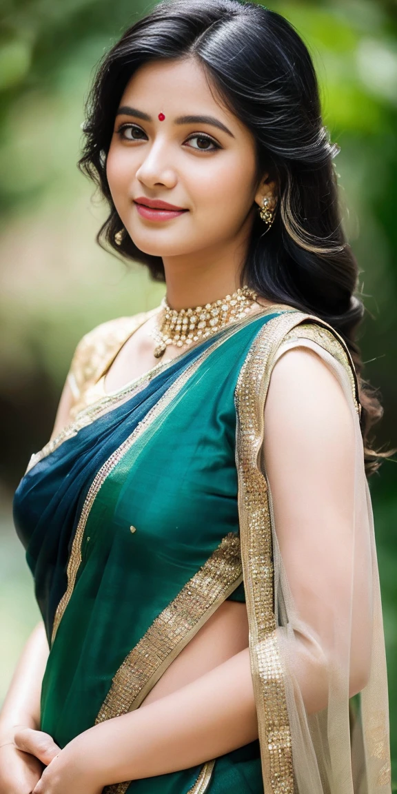 (((desi girl))), chubby face, natural skin, wearing bhue bridal saree, charming black hair, ((hair ends are blonde)), greenary village background, bokeh