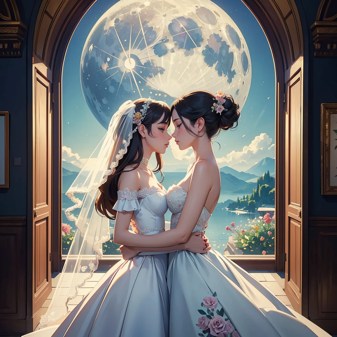 (masterpiece, highest quality, official art, beauty and aesthetic:1.5), perfect anatomy, two stunning bride is deeply in love with each other, kiss, romantic atmosphere, flower and moon, magnificent panorama view