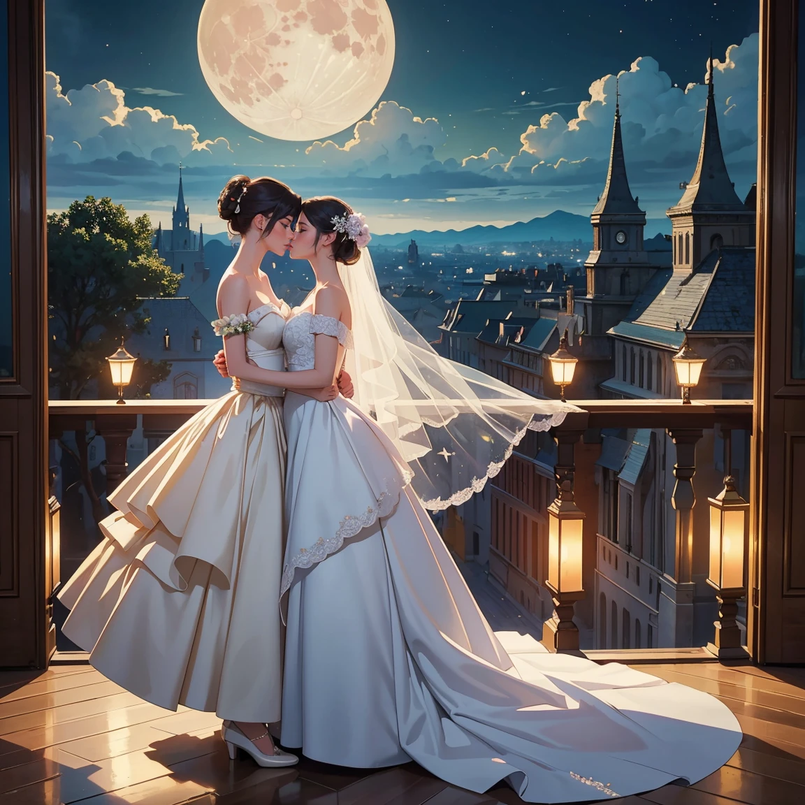 (masterpiece, highest quality, official art, beauty and aesthetic:1.5), perfect anatomy, two stunning bride is deeply in love with each other, kiss, romantic atmosphere, flower and moon, magnificent panorama view