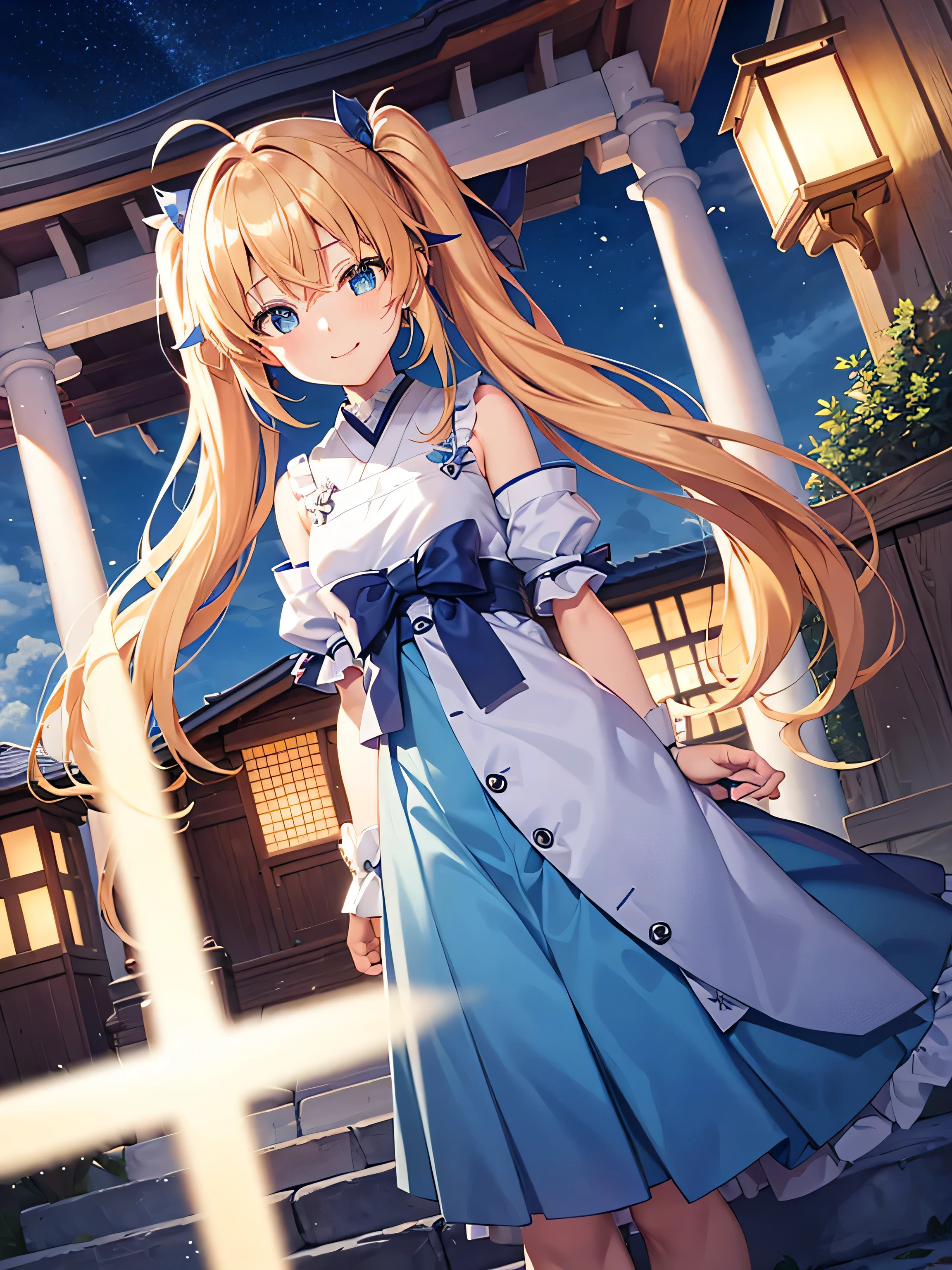 Ray Tracing,high quality,High resolution,bloom effect,Dynamic Angle,Light Shaft, particle lighting, Dynamic Light,One girl, alone, Wind,smile, 17 years old,Middle chest, Long blonde twin tails that reach above her ears, Ahoge, (Cyan striped hair:1.15), ,Shrine maiden, shrine,blue eyes, Hair Ribbon,Glowing Skin,Happy,