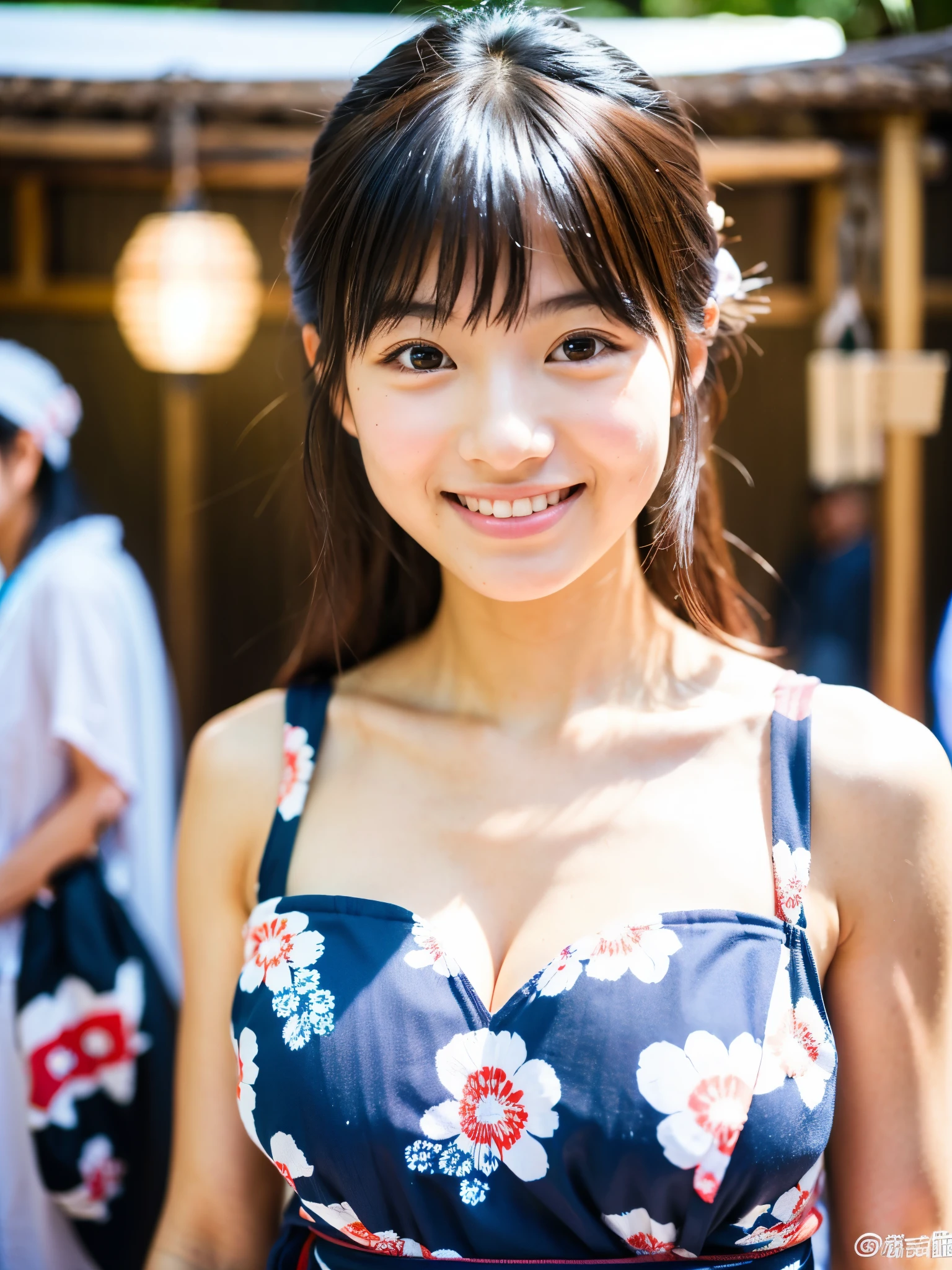 A very cute face like an idol、A young-looking 20-year-old woman、Smiling Kindly、Wearing a cute modern Japanese yukata、、noon、Walking through a Japanese festival、(Natural light)、((Whole body))、High level of artistry