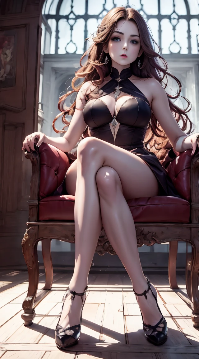 sit on the chair，Looking up，woman，Chin in hand，Long legs，Legs together