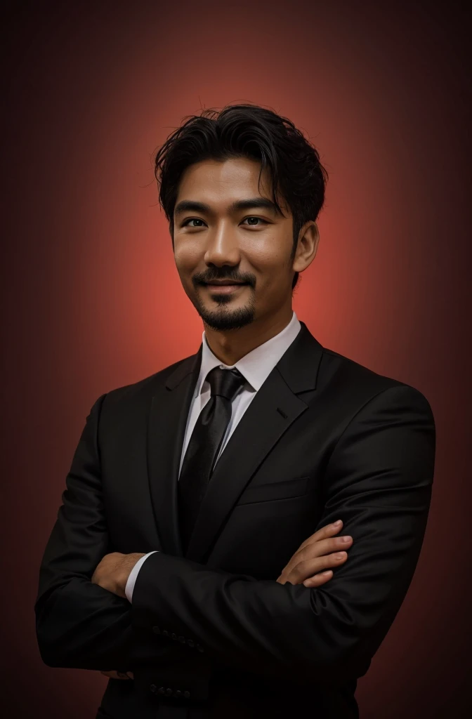 Frontal view , Portrait of man in black suit smiling , coral background editorial style highdefinition ultrarealistic details in the style of portrait photography