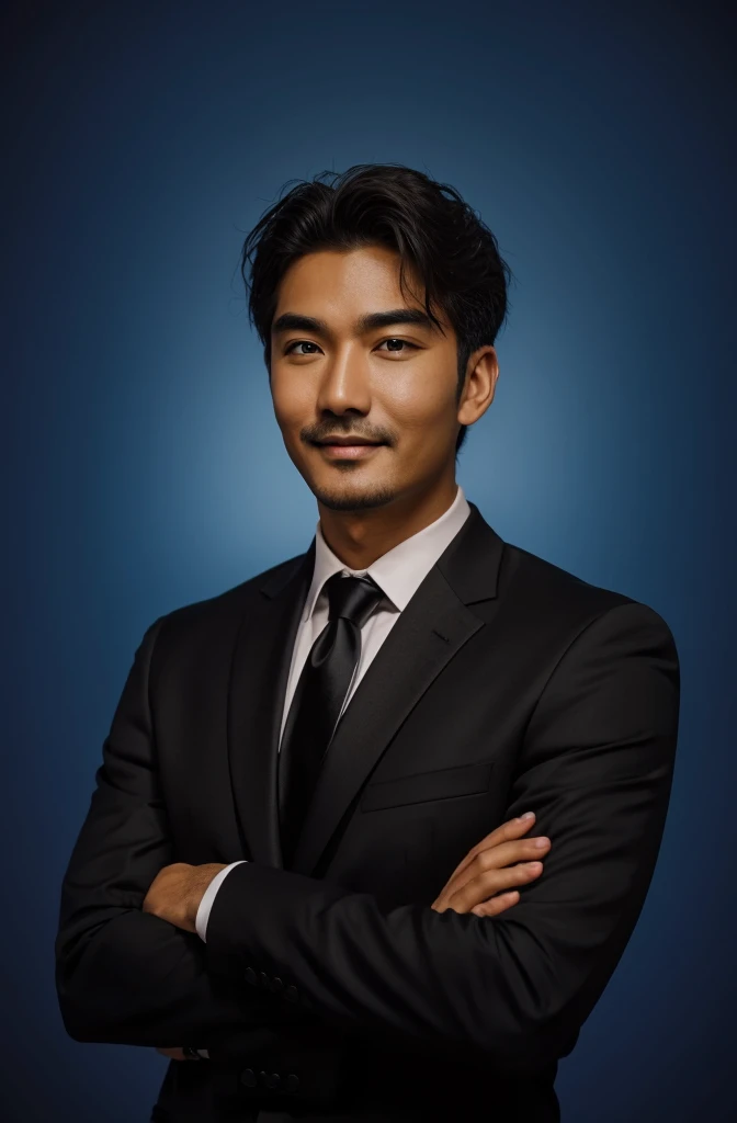 Frontal view , Portrait of man in black suit smiling , coral background editorial style highdefinition ultrarealistic details in the style of portrait photography