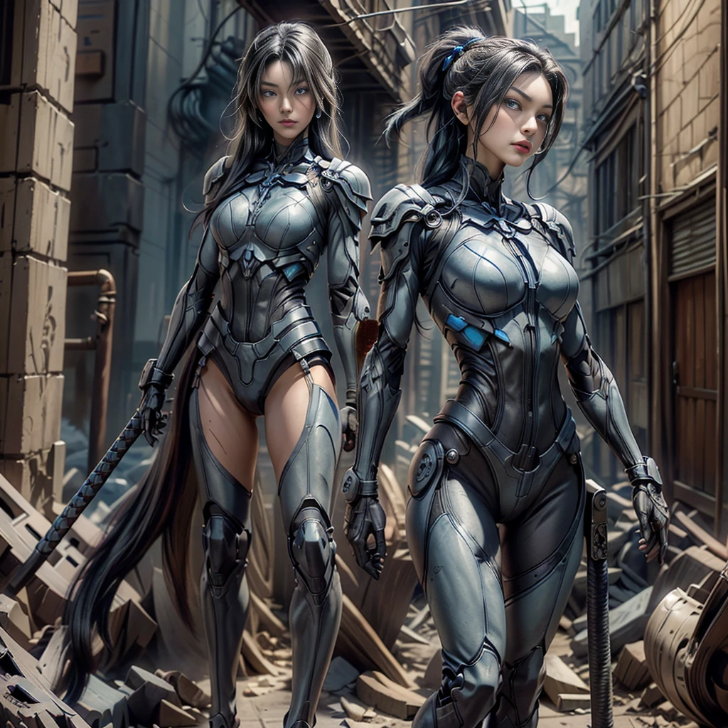 A full-body low-angle portrait of a young woman with a mixed Thai-Chinese appearance and long, jet-black hair. She has blue eyes and is wearing form-fitting leather armor with unique characteristics. She stands sideways, looking at the camera. The armor is a combination of futuristic technology and designs inspired by nature and certain creatures. It is white and porous, resembling a sponge or coral skeleton, revealing a glowing blue internal structure. She is also wearing an old, tattered dark brown cloak and confidently holding a katana in both hands. She strikes a cool pose in an old city alley, surrounded by tall buildings indicative of a densely populated urban area, filled with dust and smoke.