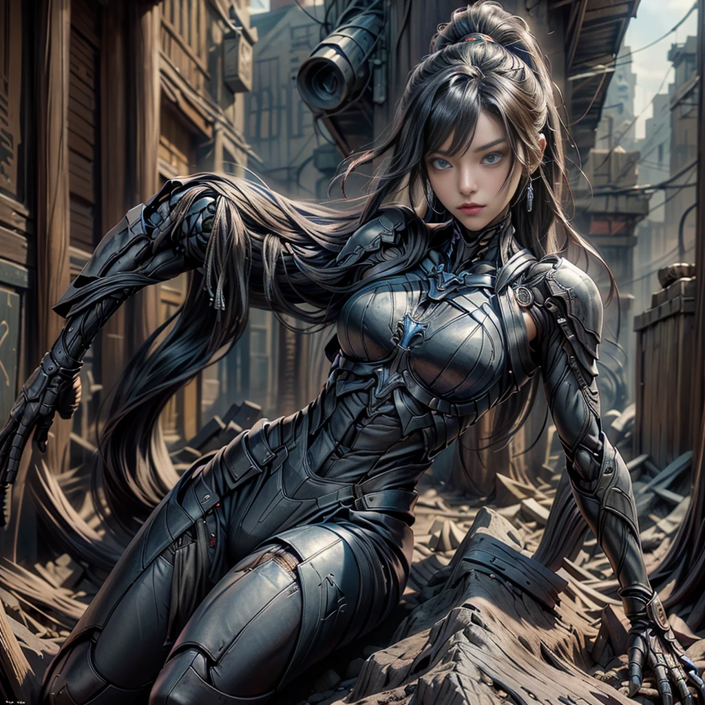 A full-body low-angle portrait of a young woman with a mixed Thai-Chinese appearance and long, jet-black hair. She has blue eyes and is wearing form-fitting leather armor with unique characteristics. She stands sideways, looking at the camera. The armor is a combination of futuristic technology and designs inspired by nature and certain creatures. It is white and porous, resembling a sponge or coral skeleton, revealing a glowing blue internal structure. She is also wearing an old, tattered dark brown cloak and confidently holding a katana in both hands. She strikes a cool pose in an old city alley, surrounded by tall buildings indicative of a densely populated urban area, filled with dust and smoke.