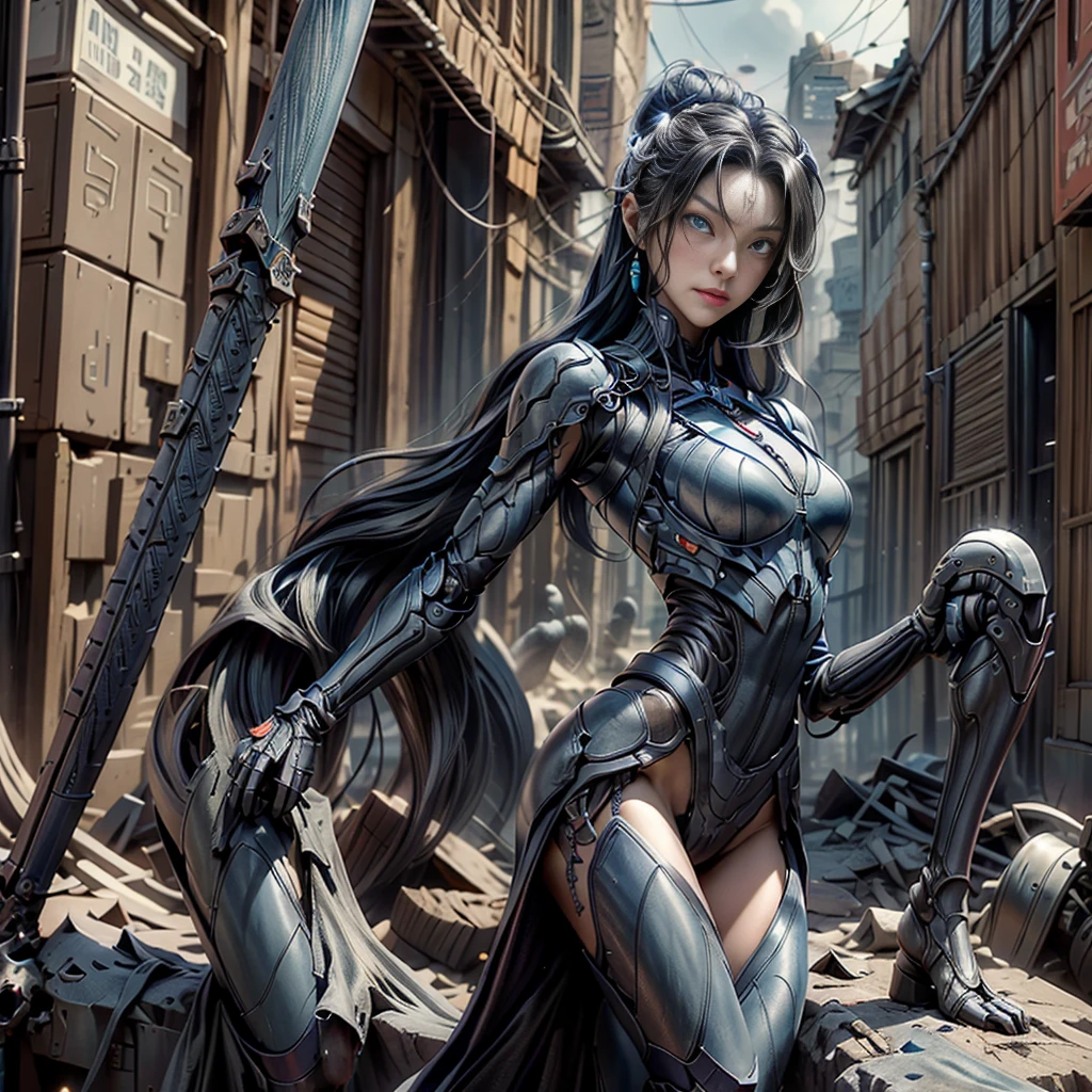 A full-body low-angle portrait of a young woman with a mixed Thai-Chinese appearance and long, jet-black hair. She has blue eyes and is wearing form-fitting leather armor with unique characteristics. She stands sideways, looking at the camera. The armor is a combination of futuristic technology and designs inspired by nature and certain creatures. It is white and porous, resembling a sponge or coral skeleton, revealing a glowing blue internal structure. She is also wearing an old, tattered dark brown cloak and confidently holding a katana in both hands. She strikes a cool pose in an old city alley, surrounded by tall buildings indicative of a densely populated urban area, filled with dust and smoke.