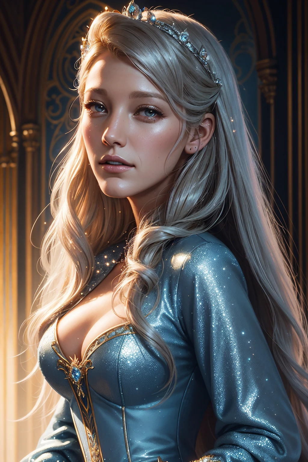 portrait Blake Lively, wearing breasts Cinderella costume, against the background of the Disney castle, character portrait, 3 9 9 0 s, long hair, intricate, elegant, highly detailed, digital painting, artstation, concept art, smooth, sharp focus, illustration, art by wlop, charlie bowater and alexandra fomina, 36k, silver glittering, shining