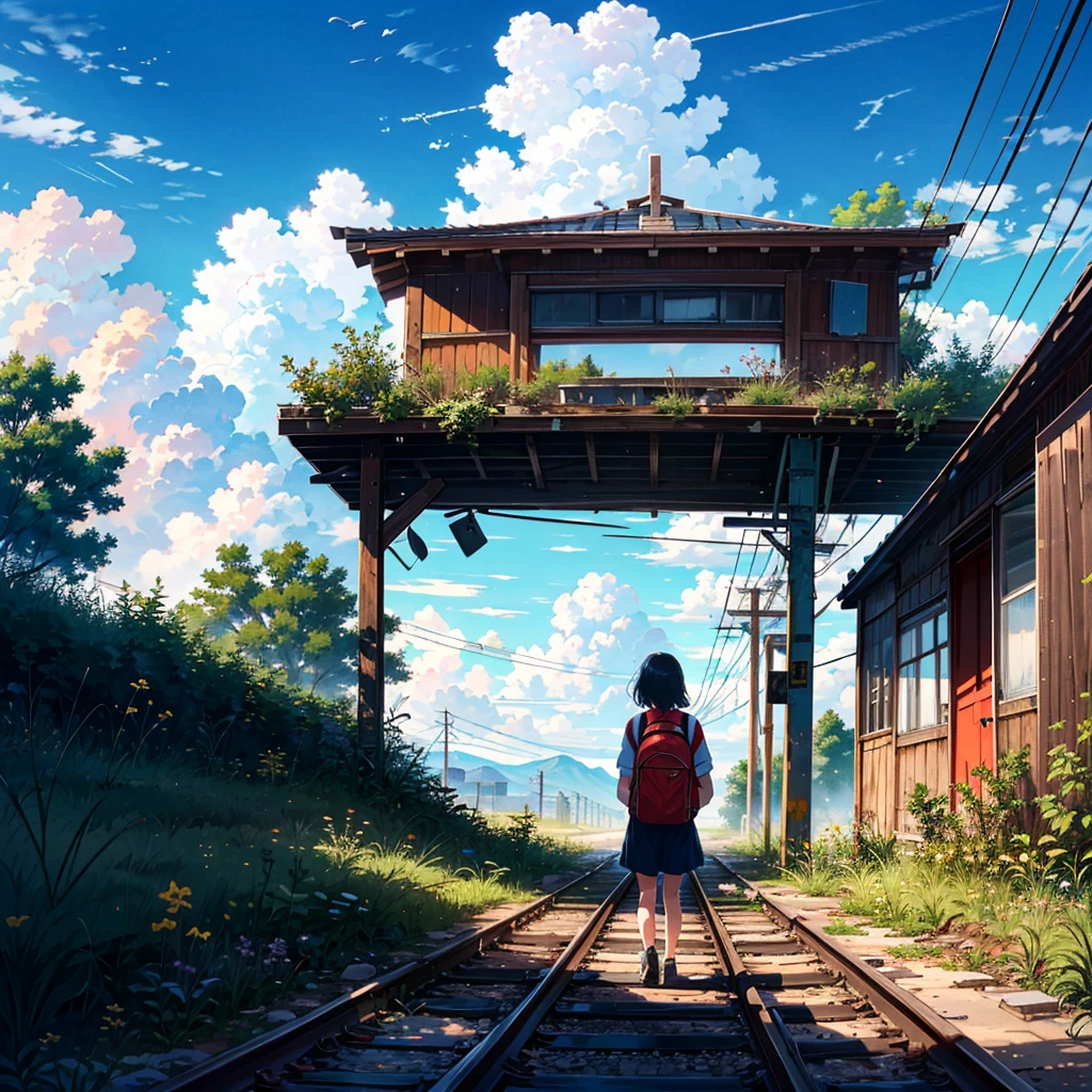 Front view, alone girl, , carrying a backpack, young, small, summer clothes, smiling, summer sky, cumulonimbus clouds, abandoned train tracks, exploration, dilapidated station, along dilapidated signs Some people walk around, looking at the camera, taking full body shots,