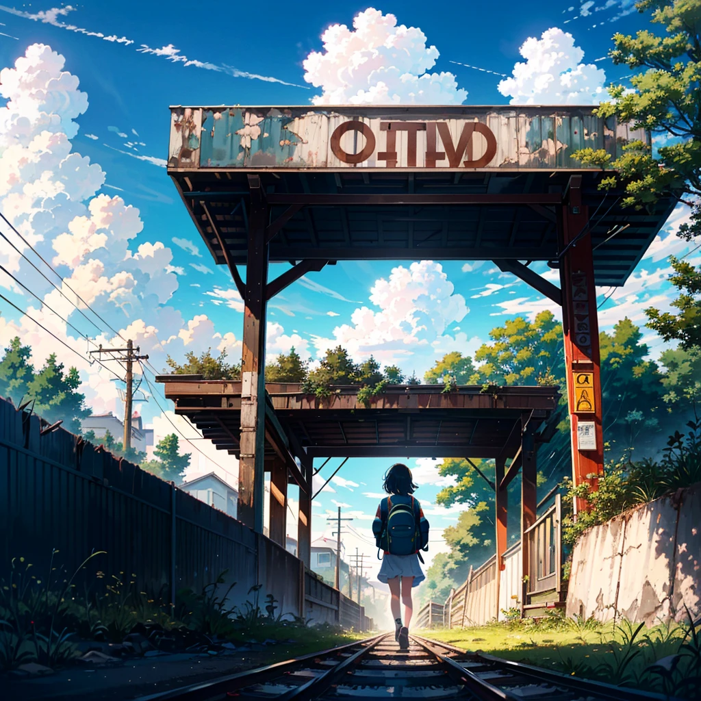 Front view, alone girl, , carrying a backpack, young, small, summer clothes, smiling, summer sky, cumulonimbus clouds, abandoned train tracks, exploration, dilapidated station, along dilapidated signs Some people walk around, looking at the camera, taking full body shots,