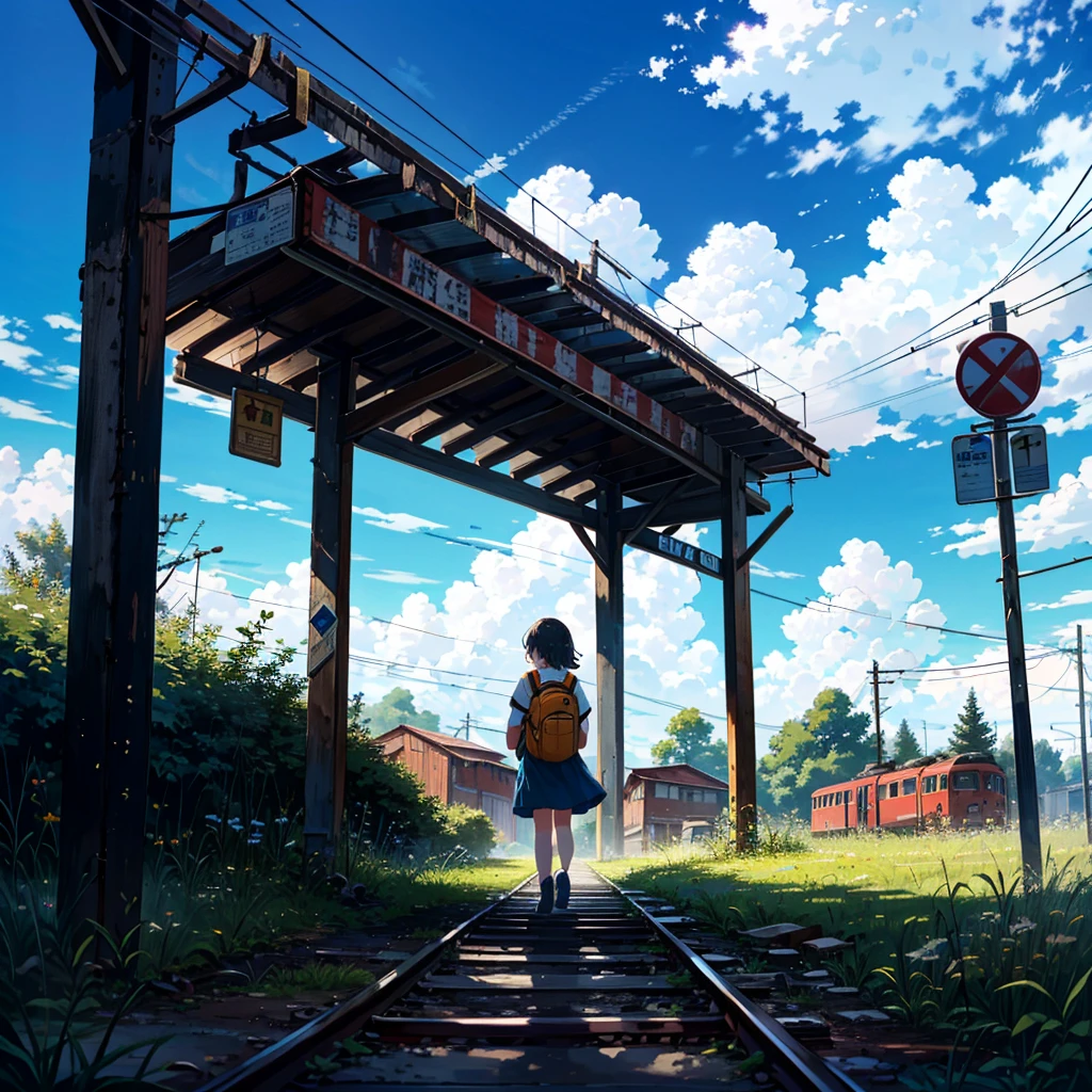Front view, alone girl, , carrying a backpack, young, small, summer clothes, smiling, summer sky, cumulonimbus clouds, abandoned train tracks, exploration, dilapidated station, along dilapidated signs Some people walk around, looking at the camera, taking full body shots,