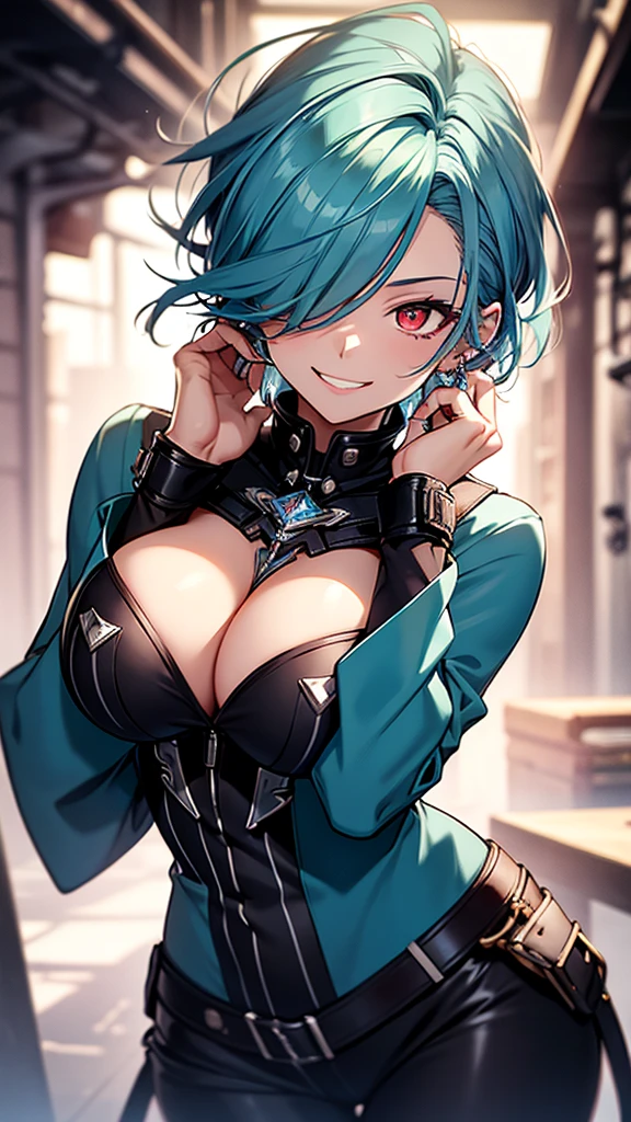 High resolution, One girl, chest, Blue Hair/Light blue hair, Cowboy Shot, Big chest, Red eyes, Big chest, Earrings, smile, smiling, 8k octane, High resolution, masterpiece, High detail, High-resolution model, high quality, Textured skin, Action Painting, Crystal Earrings, Smiling with teeth showing, One-eye eye mask,