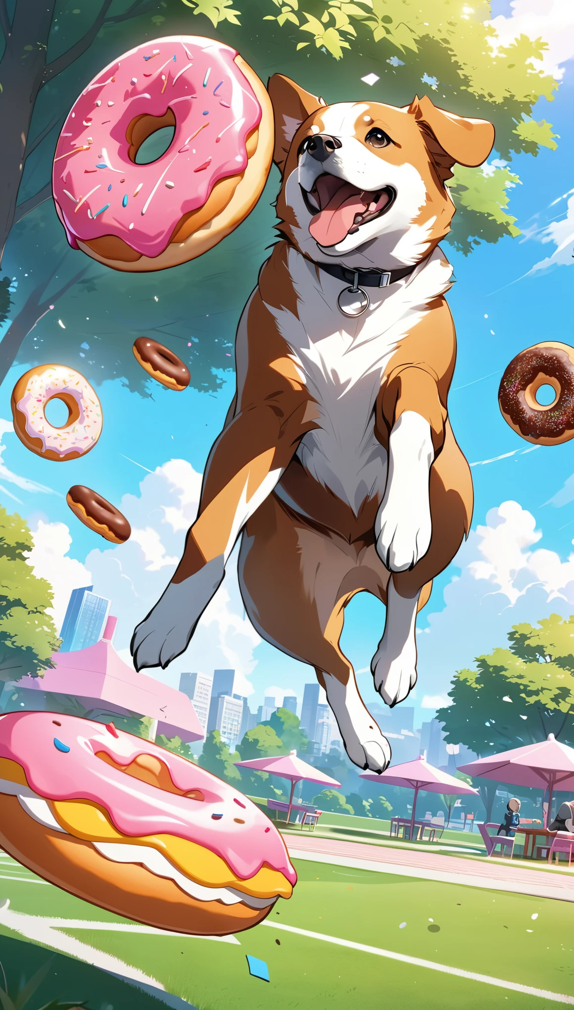 a dog jumping to catch a single flying donut, about to take a big bite, extremely detailed, beautiful park background, dynamic action, dramatic motion blur, photorealistic, 8k, highly detailed, vivid colors, professional photography