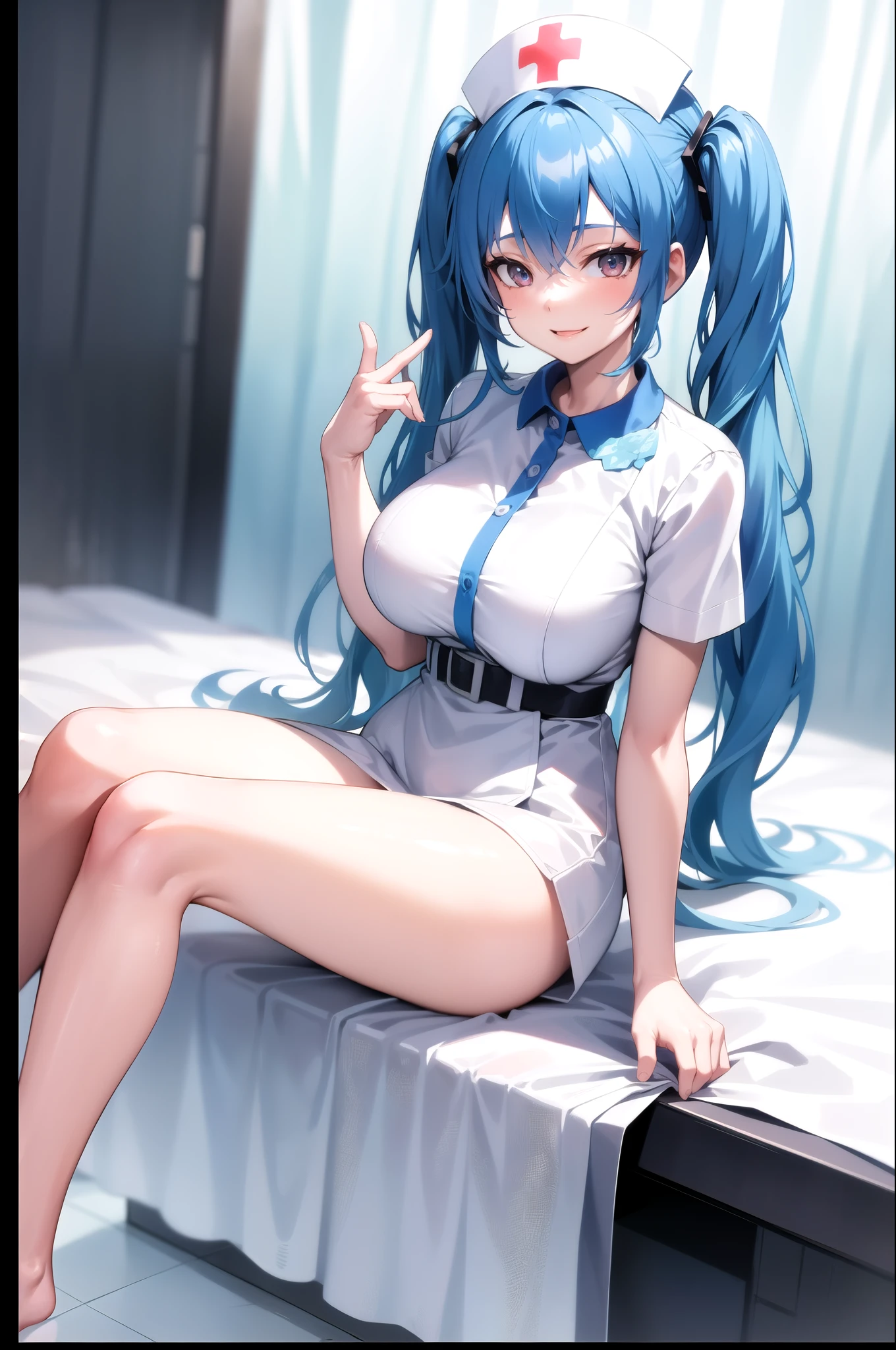 clinic, curtain, One girl, nurse, White Dress,, masterpiece, Highest quality, Very detailed,Blue Hair,Mean,smile,twintails